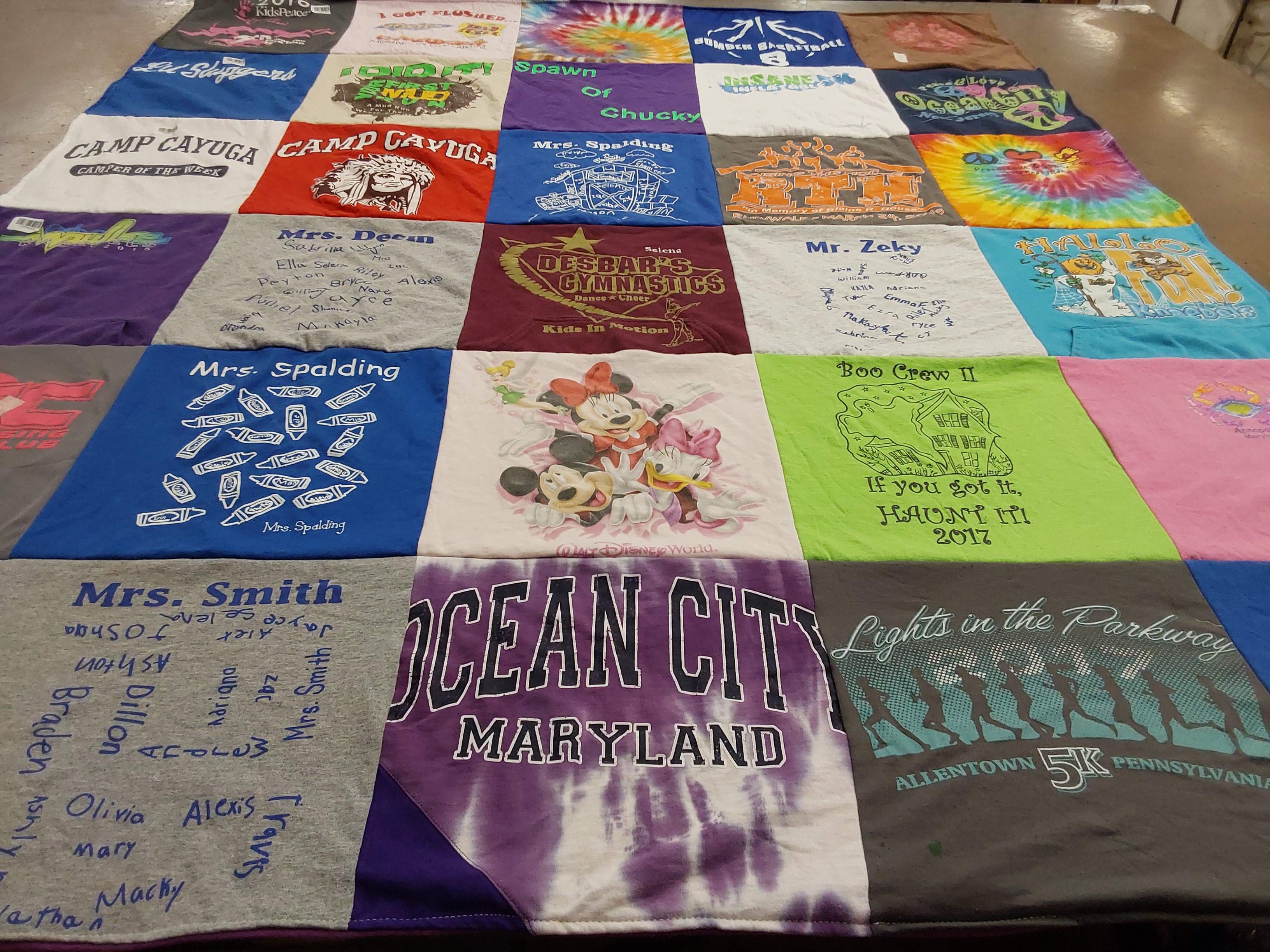 T-shirt quilt with camping, gymnastics themes by Jill from PA