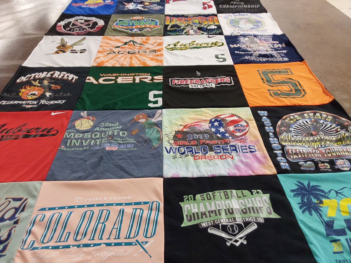 T-shirt quilt with softball, sports themes by Sarah from WA