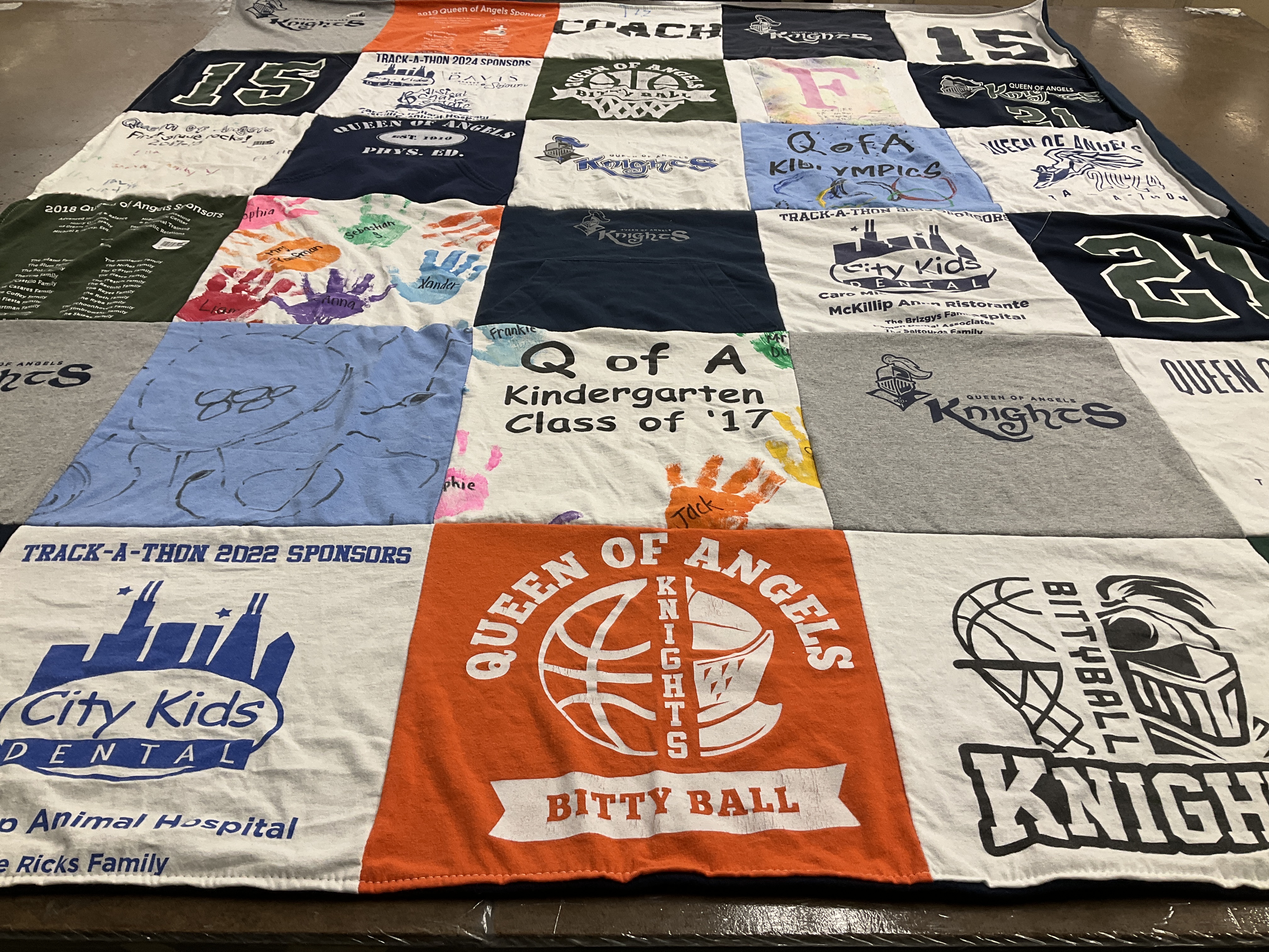 T-shirt quilt featuring queen of angels knights, bitty ball knights by Sarah from IL