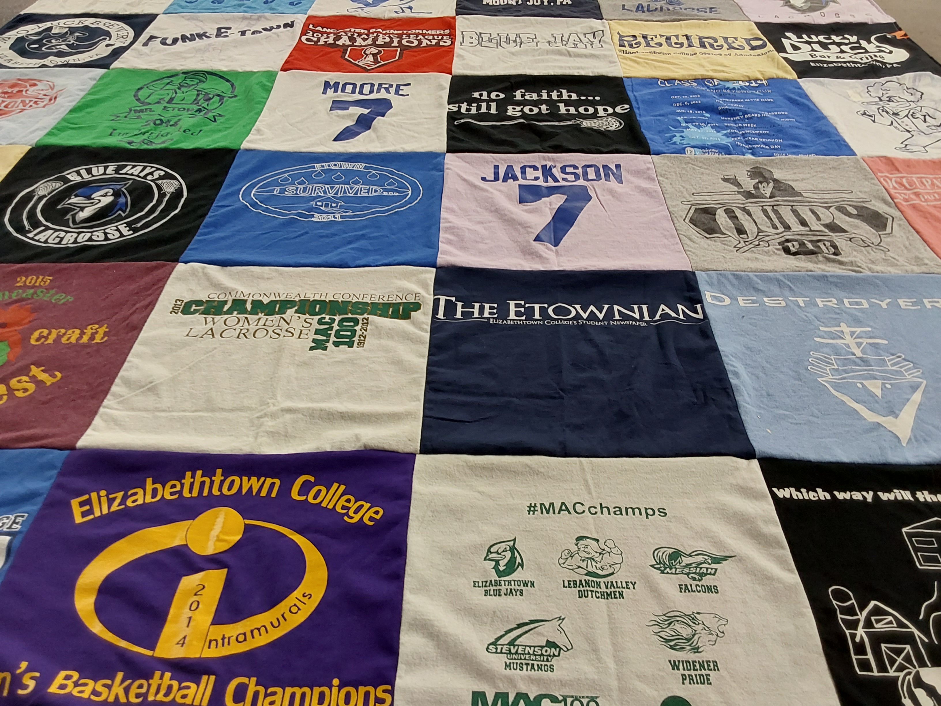 T-shirt quilt featuring elizabethown blue jays, lebano valley dutchmen by Adam from MD