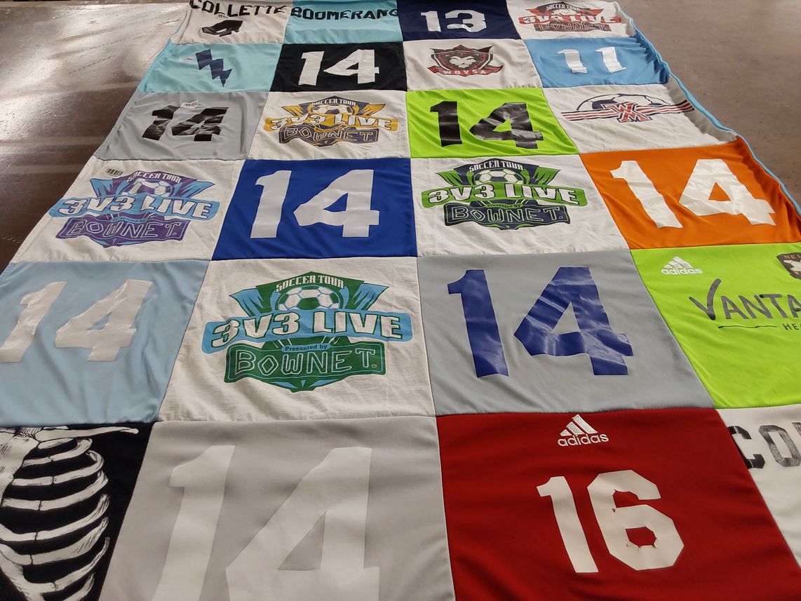 T-shirt quilt with soccer, sports themes by Crystal from LA