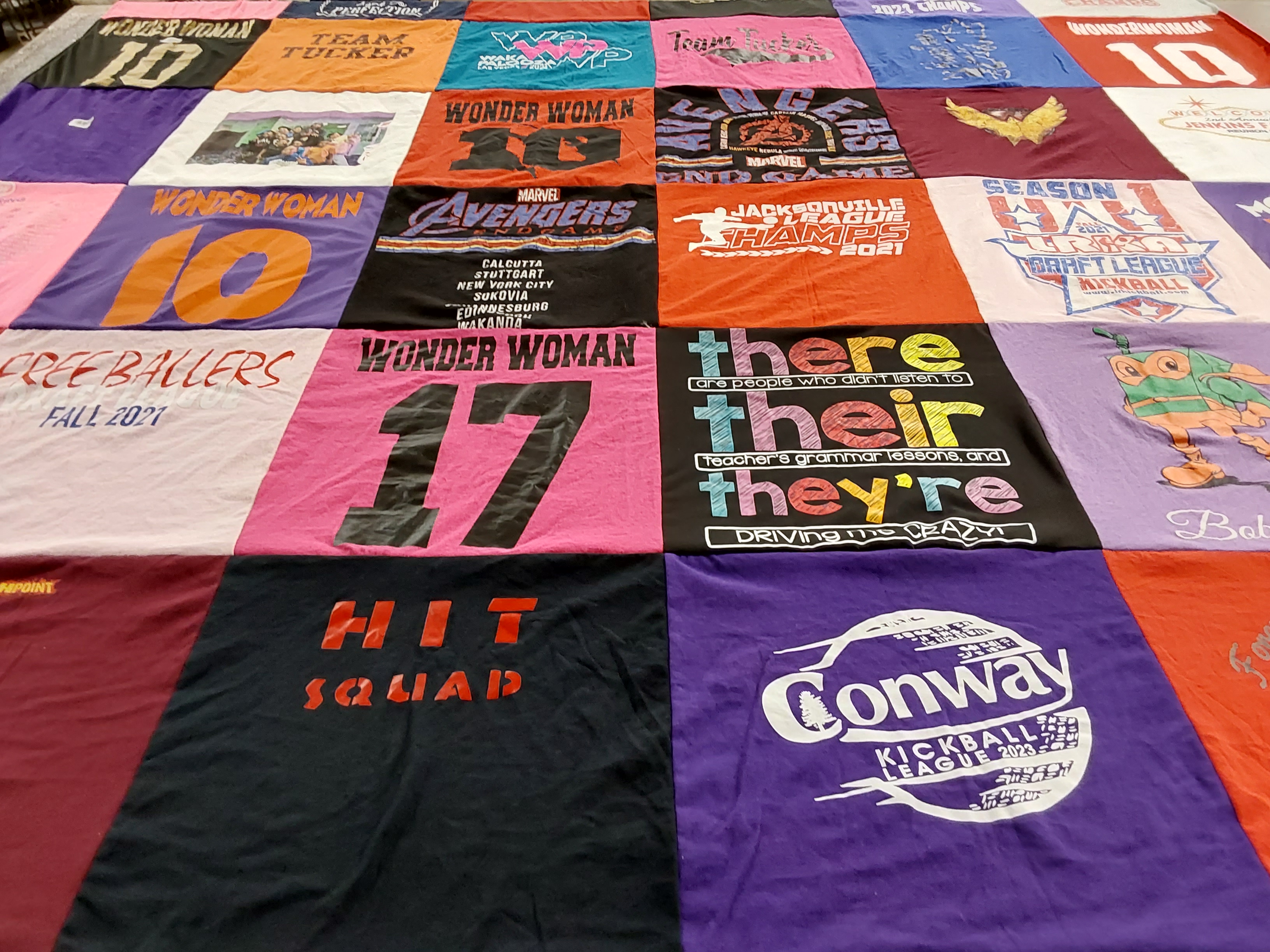 T-shirt quilt with kickball, grammar themes by Khaadimah from AR