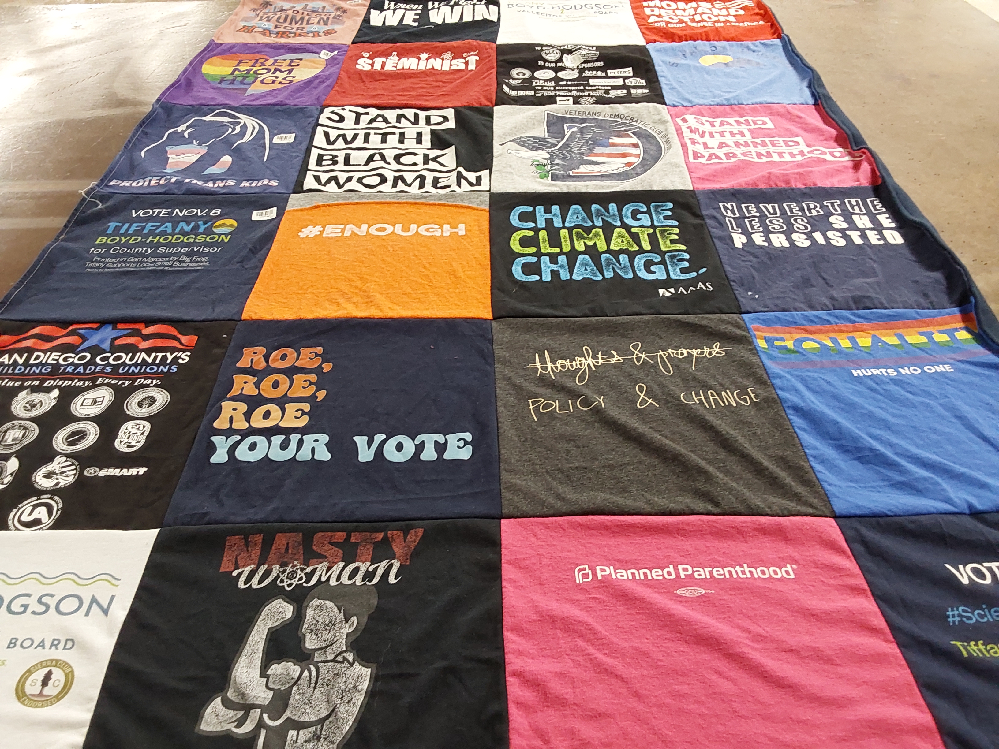 T-shirt quilt with politics, activism themes by Tiffany from CA