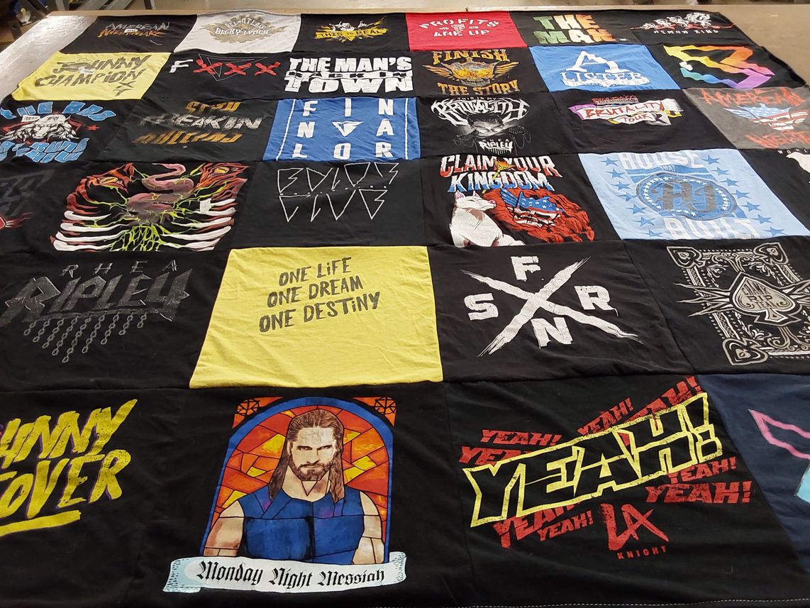 T-shirt quilt with wrestling themes by Elizabeth from RI