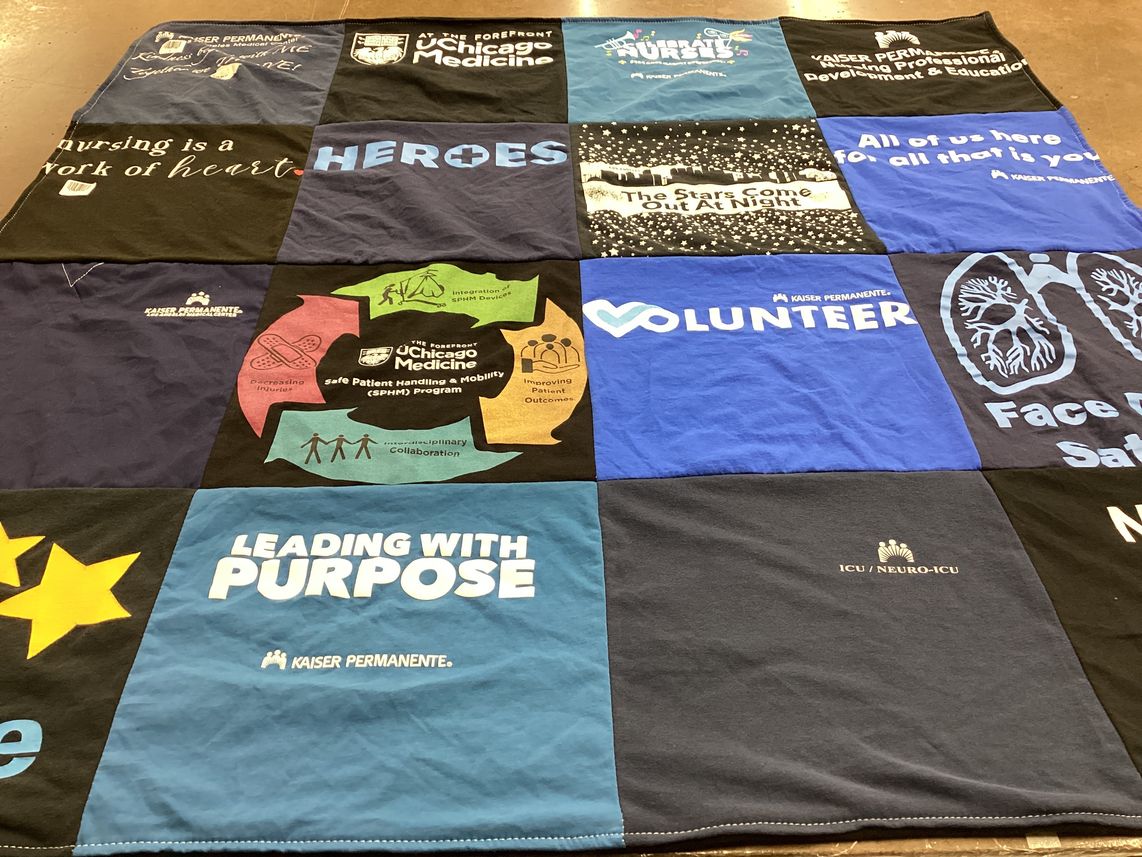 T-shirt quilt with healthcare, nursing themes by Nathalie from CA