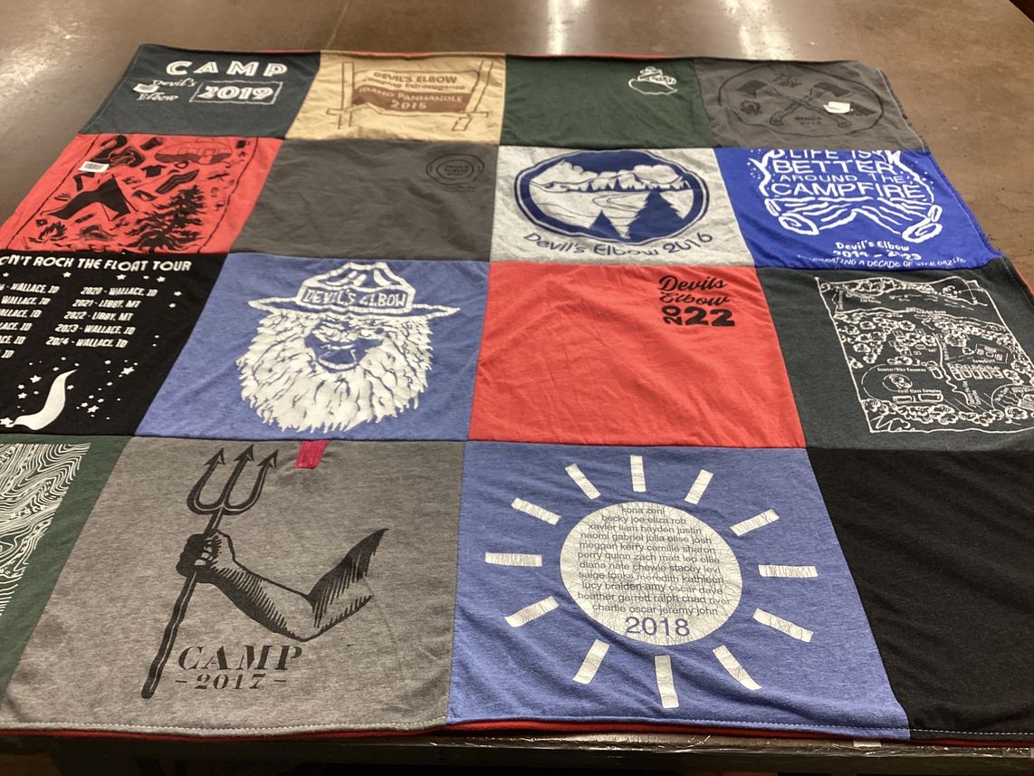 T-shirt quilt with camping, outdoors themes by Stacey from WA