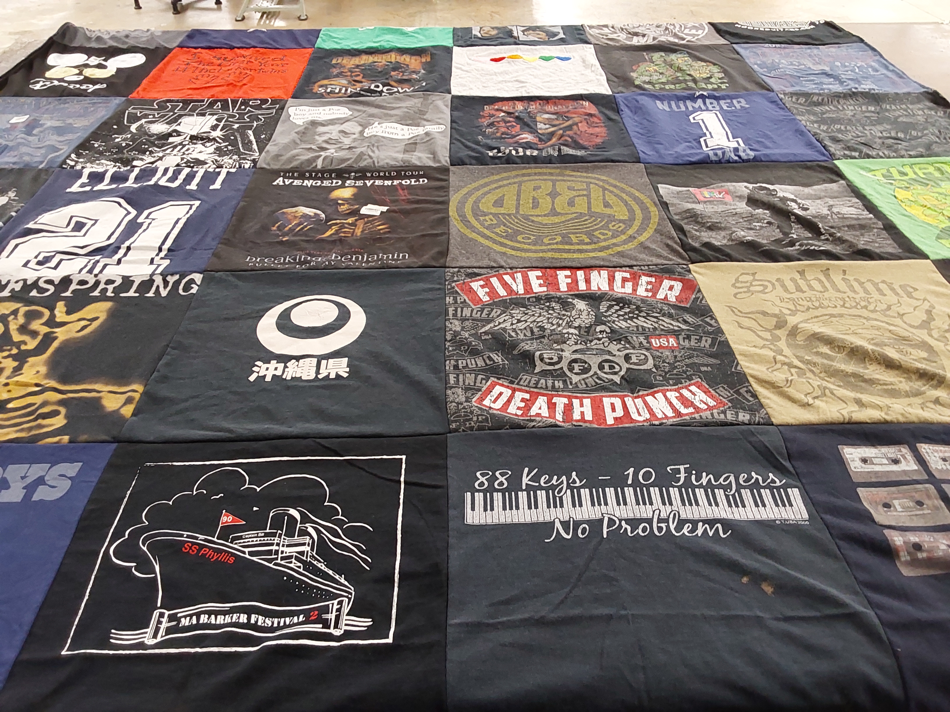 T-shirt quilt with music, concerts themes by Lauren from IN