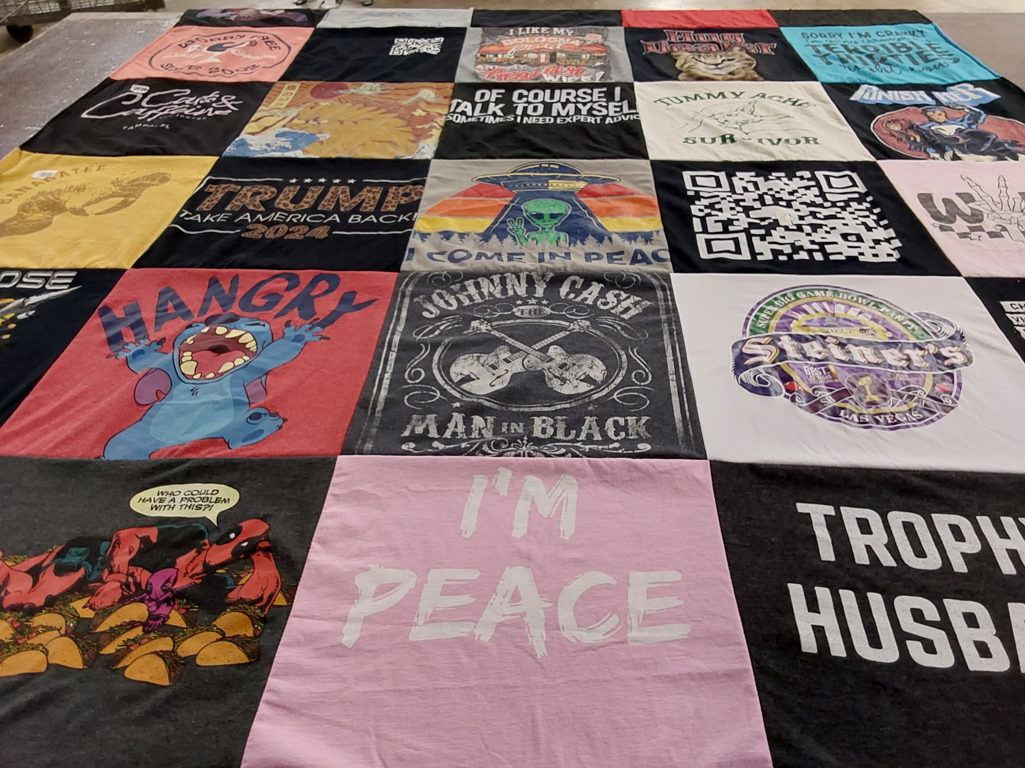 T-shirt quilt with politics, music themes by Shannon from FL