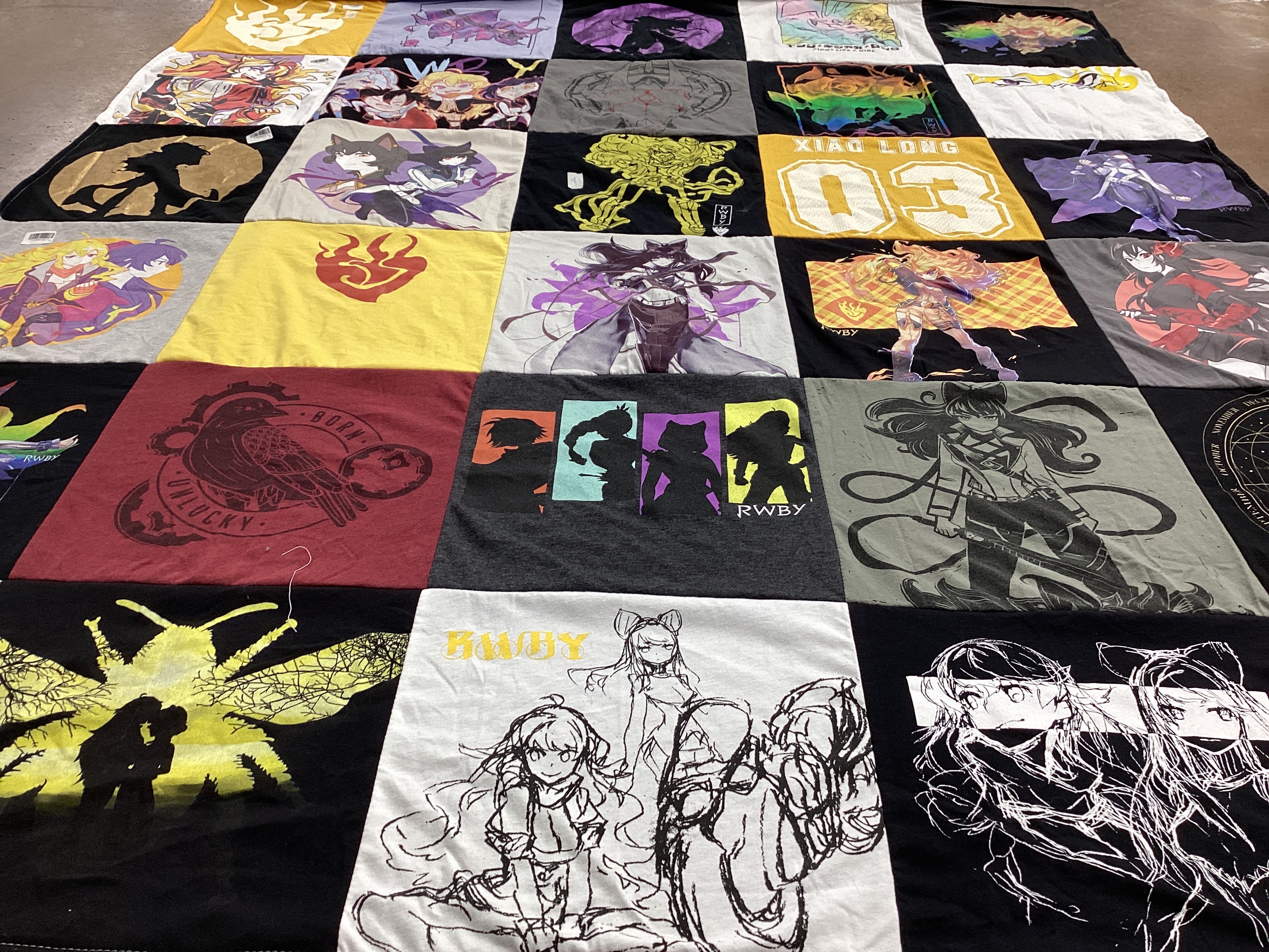 T-shirt quilt with anime, gaming themes by Blake from IL