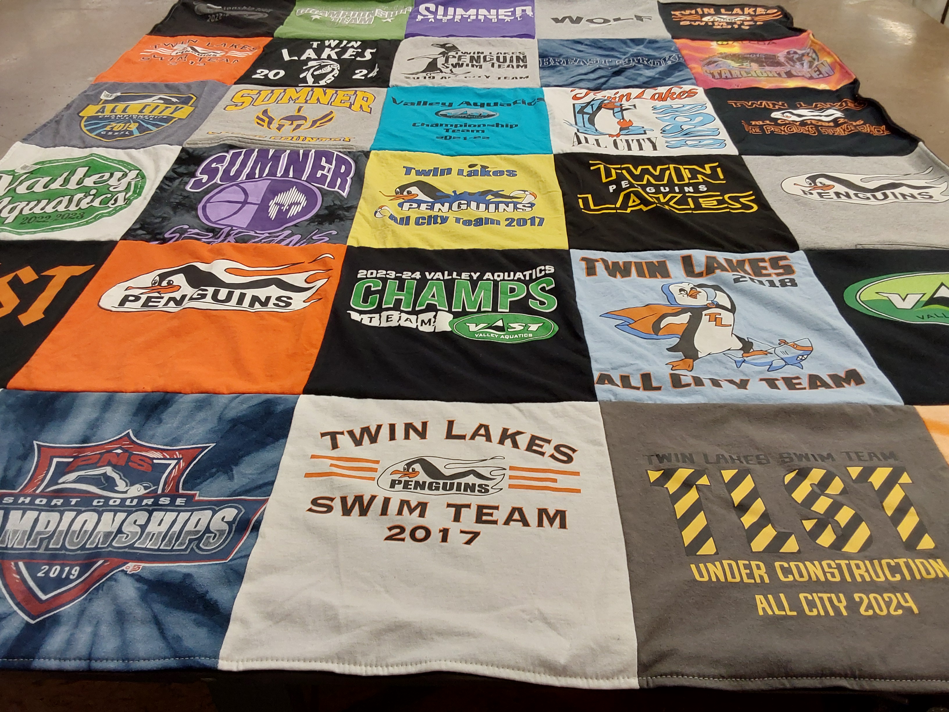 T-shirt quilt featuring twin lakes penguins by Melanie from WA