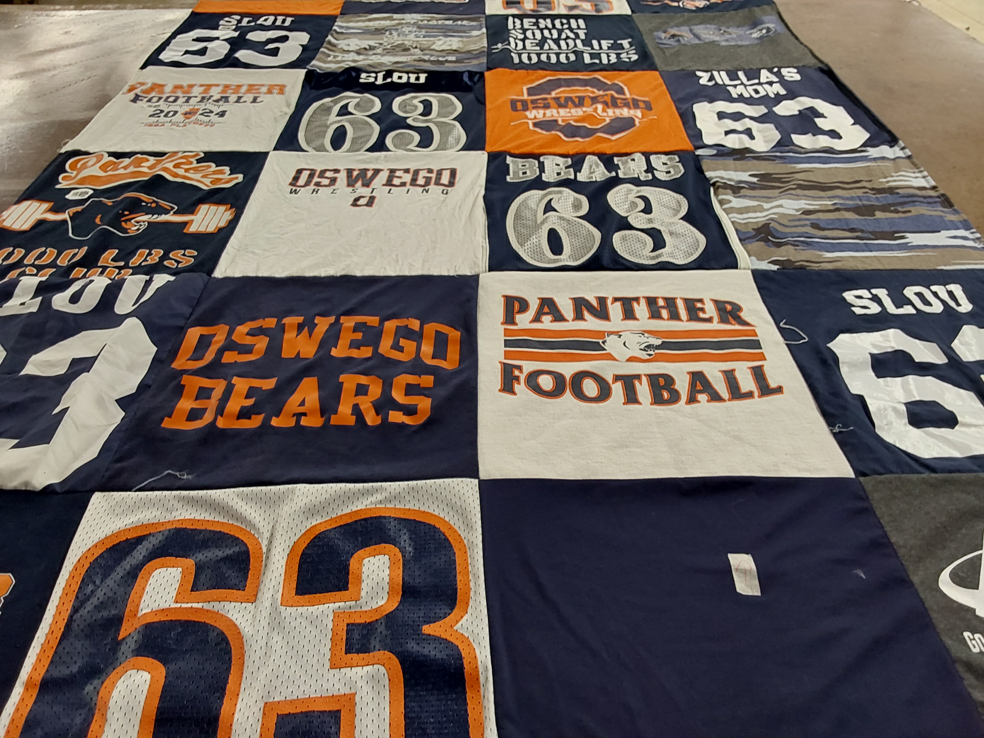 T-shirt quilt featuring oswego bears, panther football by Katie from IL