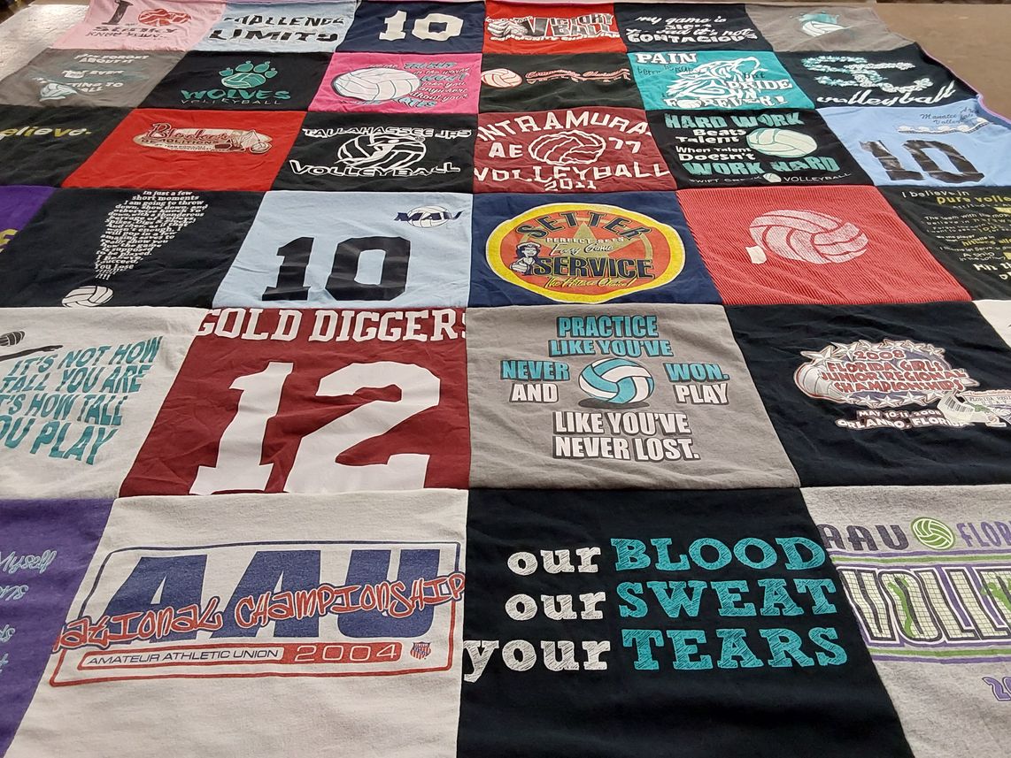 T-shirt quilt with volleyball, sports themes by Jane from FL