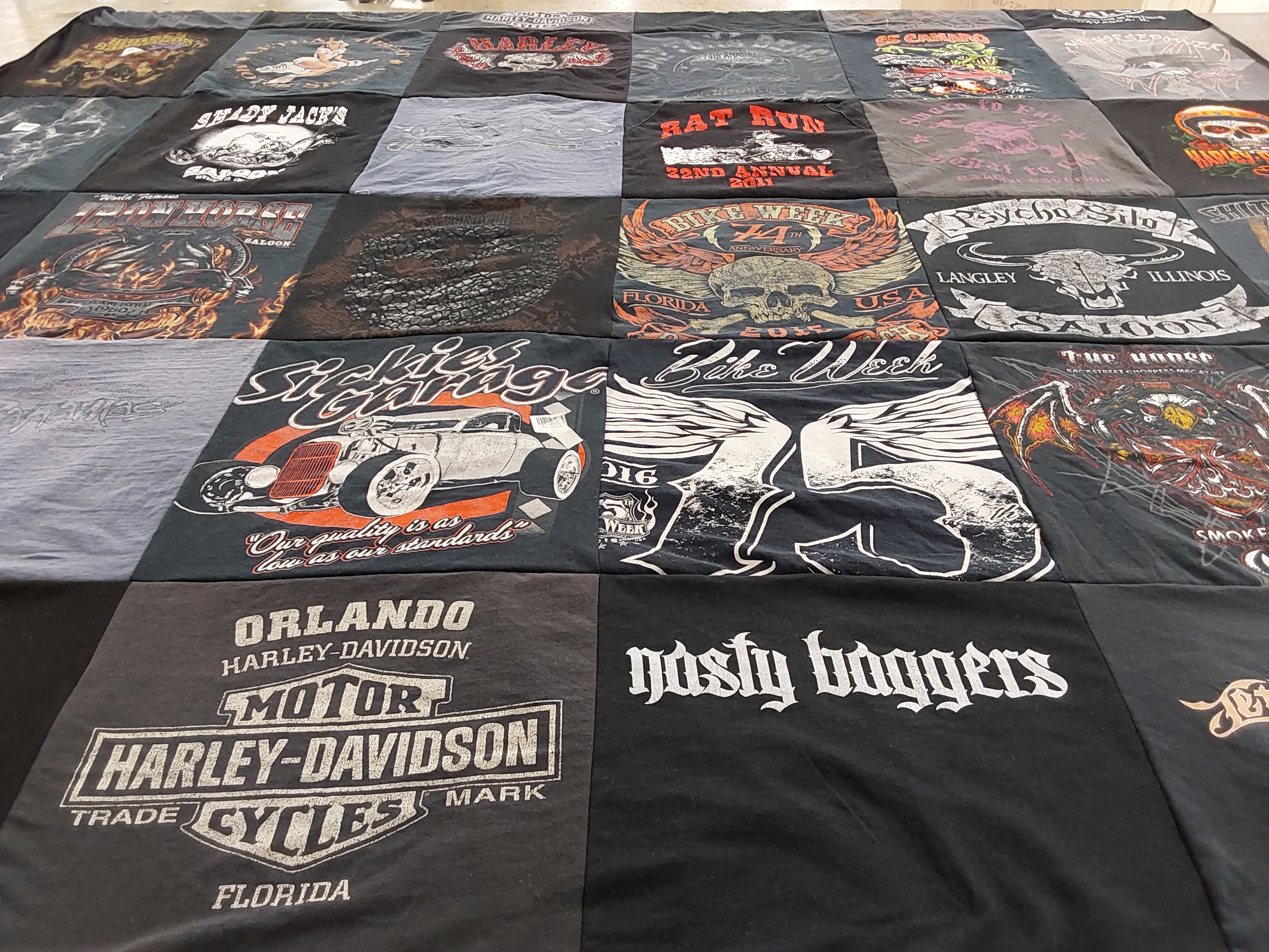 T-shirt quilt with motorcycles, biking themes by Stacey from IL