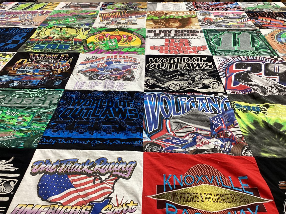 T-shirt quilt with auto racing, dirt track racing themes by Shannon from KS