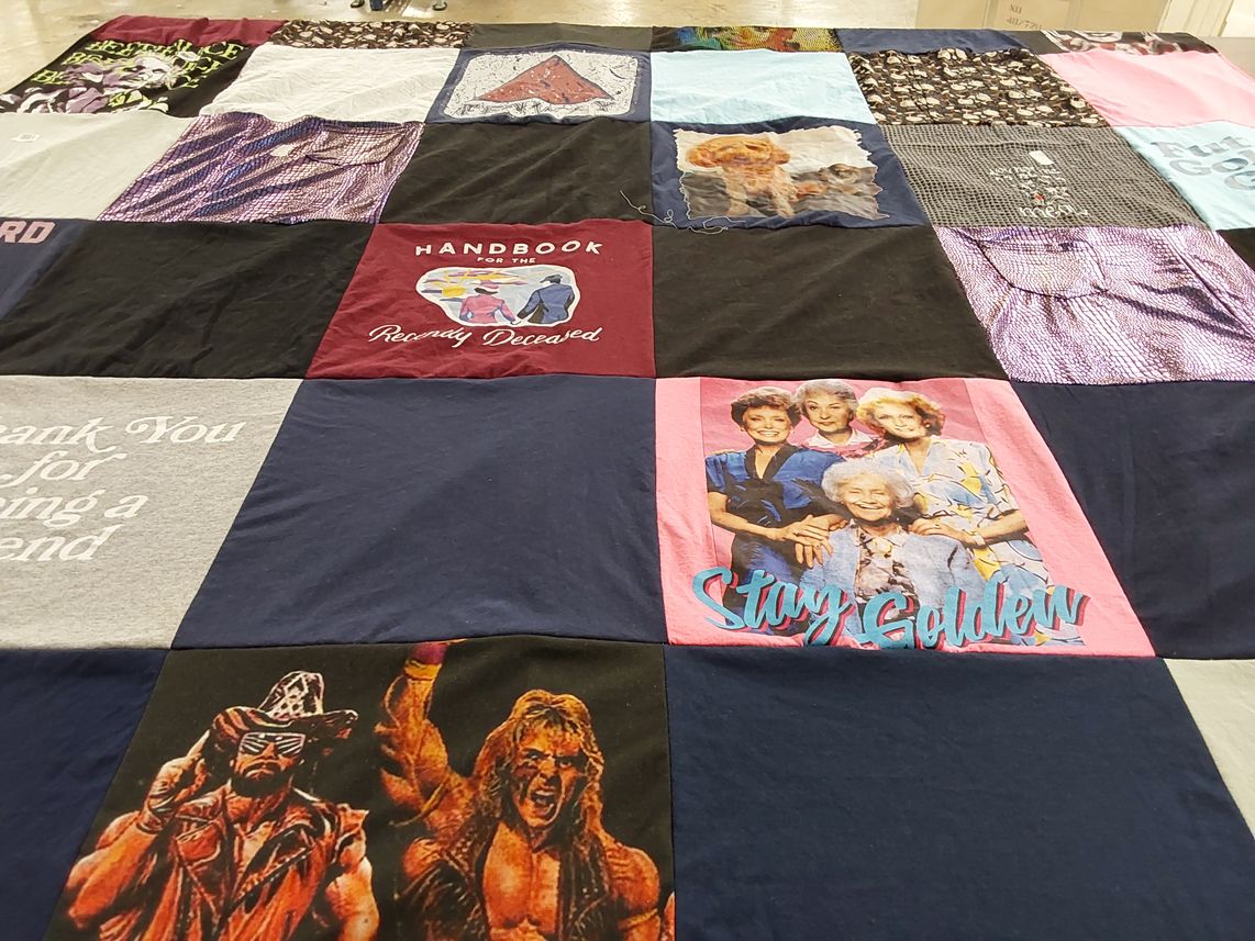T-shirt quilt with television, wrestling themes by Jim from MA