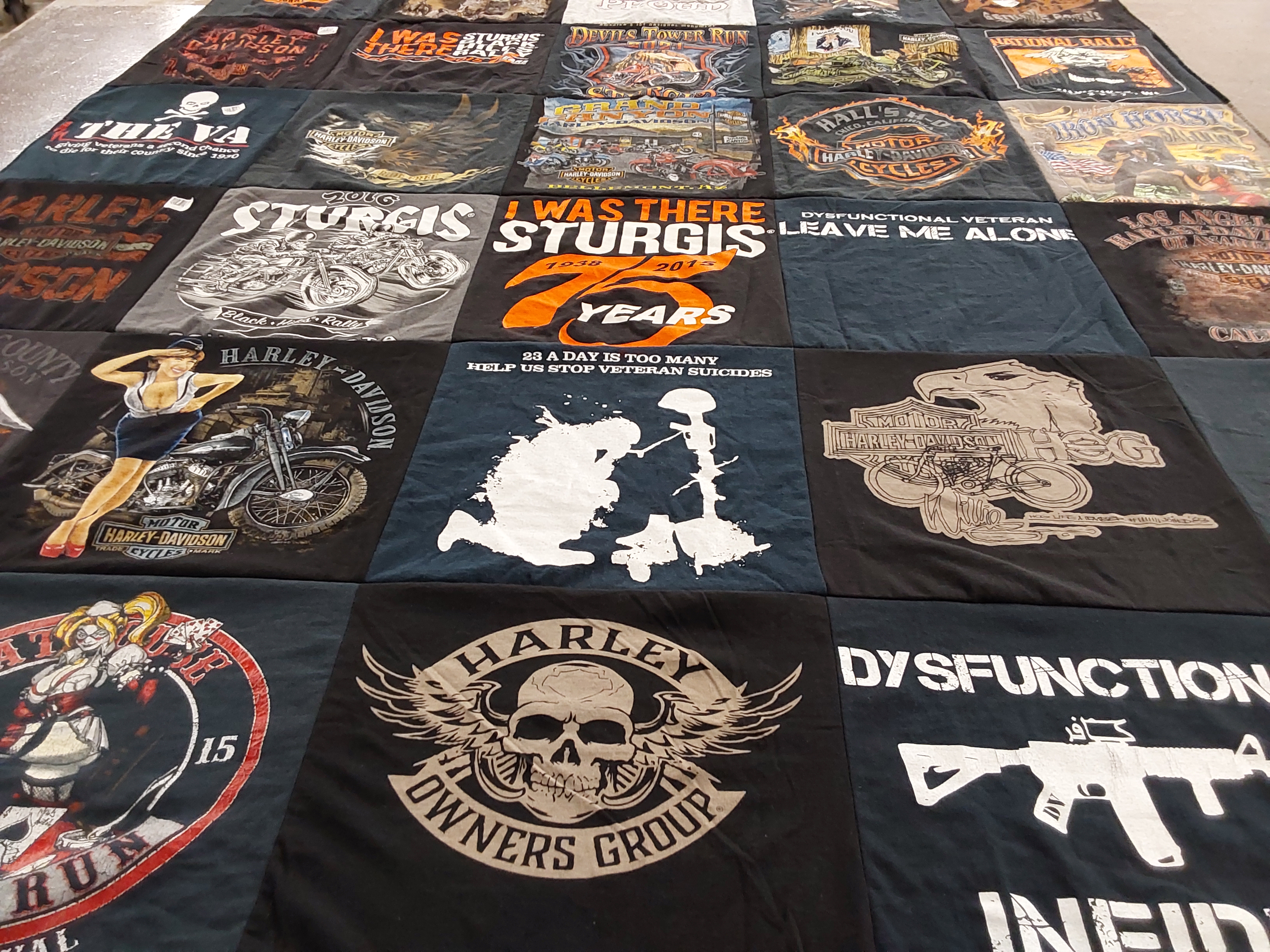 T-shirt quilt with motorcycles, veterans themes by Syed Ian from CA