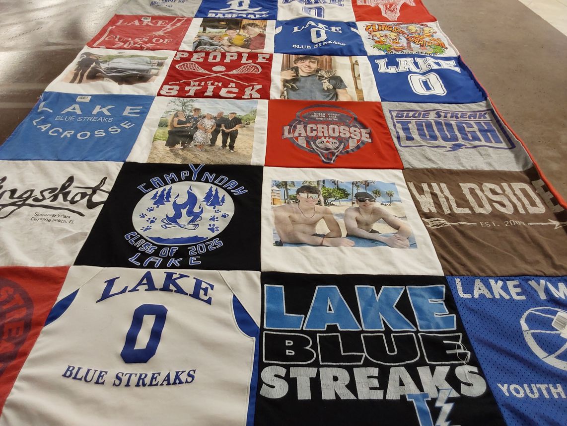 T-shirt quilt featuring lake blue streaks by Lisa from OH