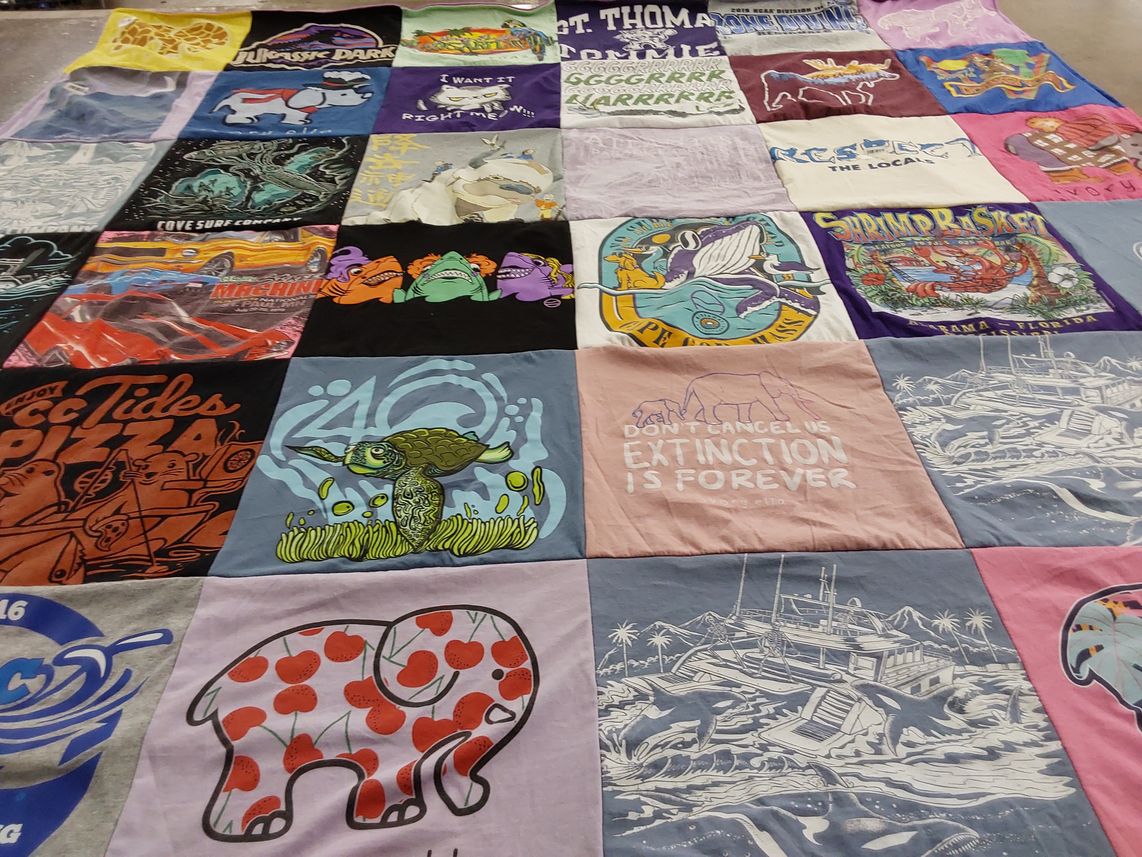 T-shirt quilt with environmentalism, marine life themes by Patricia from MN