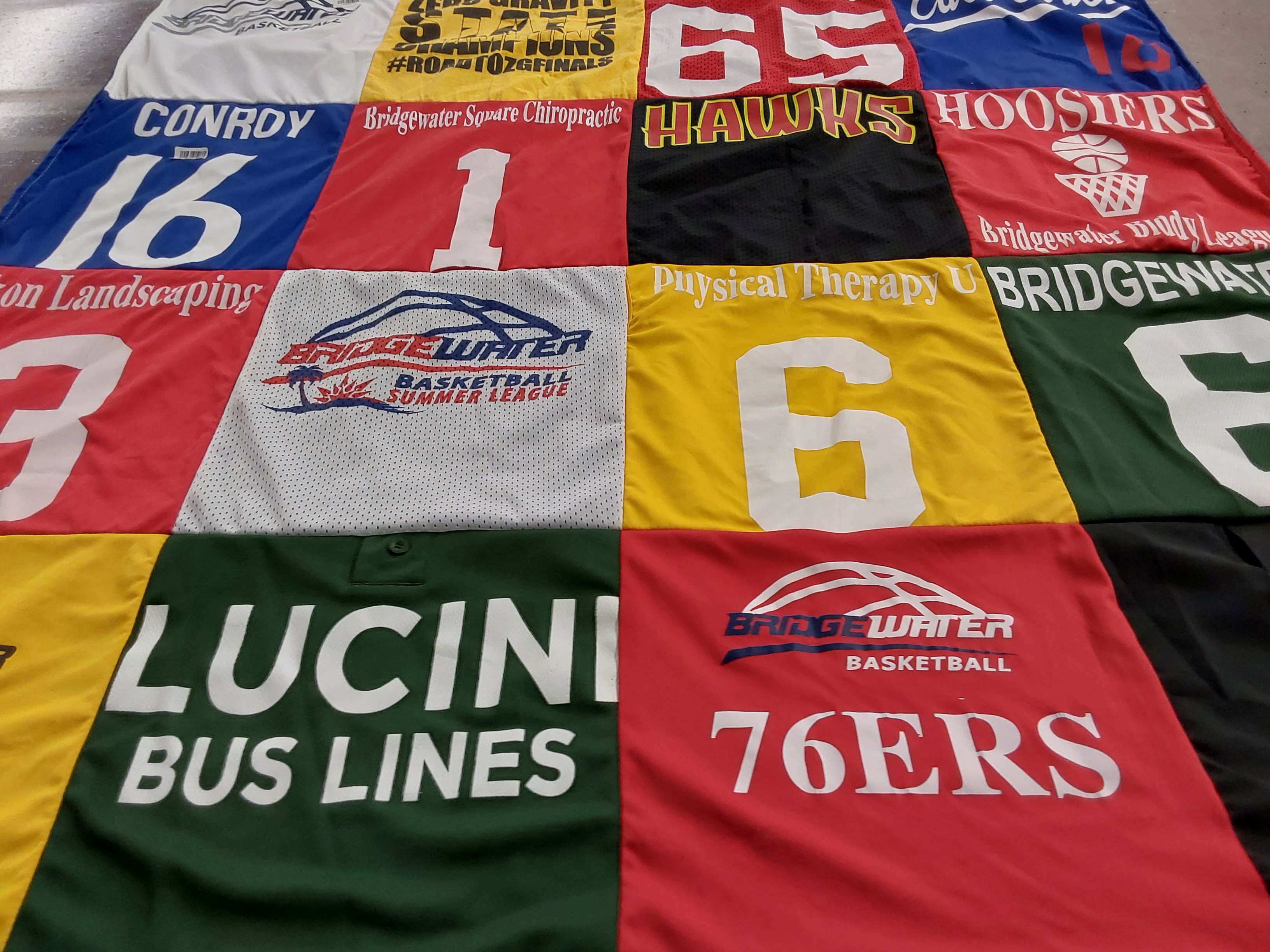 T-shirt quilt with sports, basketball themes by Julie from MA