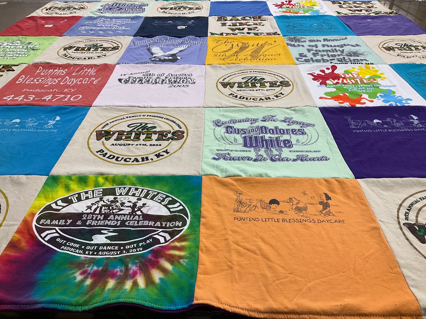 T-shirt quilt with family gatherings, children's activities themes by Norma from KY