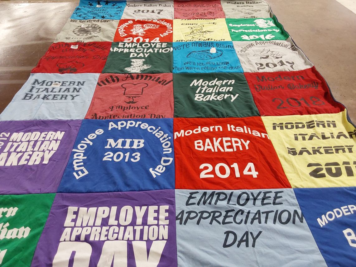 T-shirt quilt with baking, employee recognition themes by Annmarie from NY