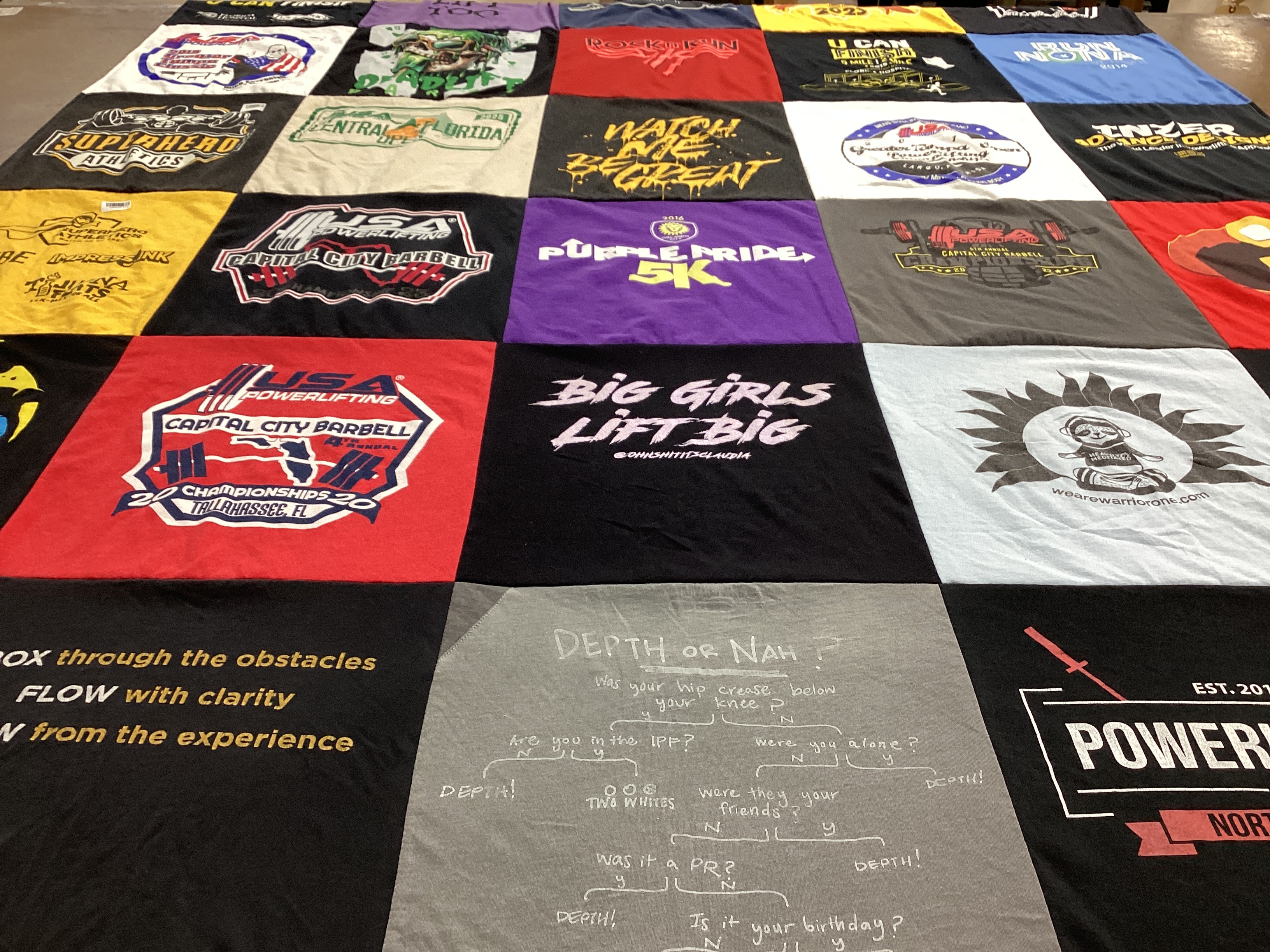 T-shirt quilt with fitness, strength themes by Myra from FL