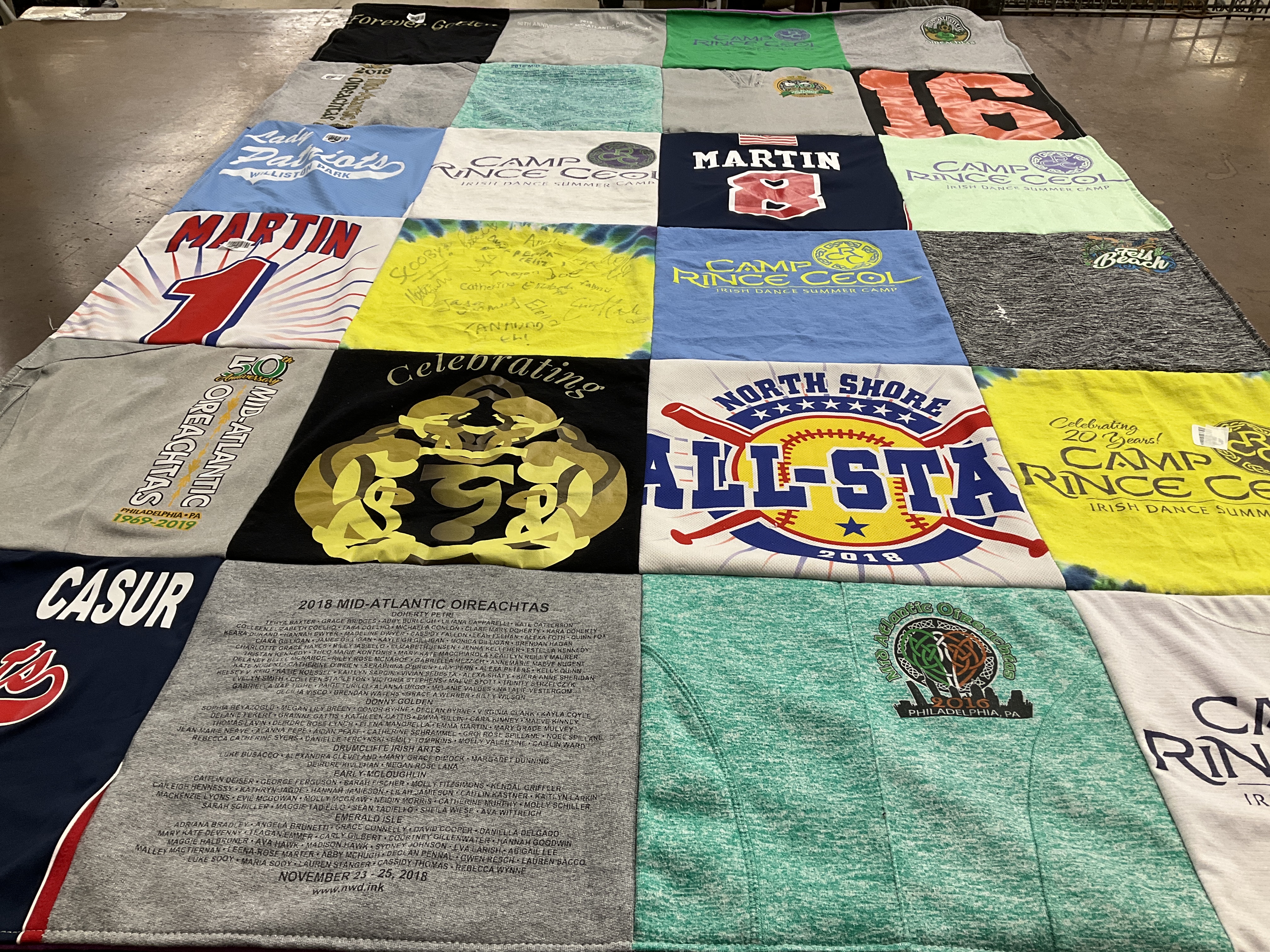 T-shirt quilt with baseball, irish dance themes by Michele from NY