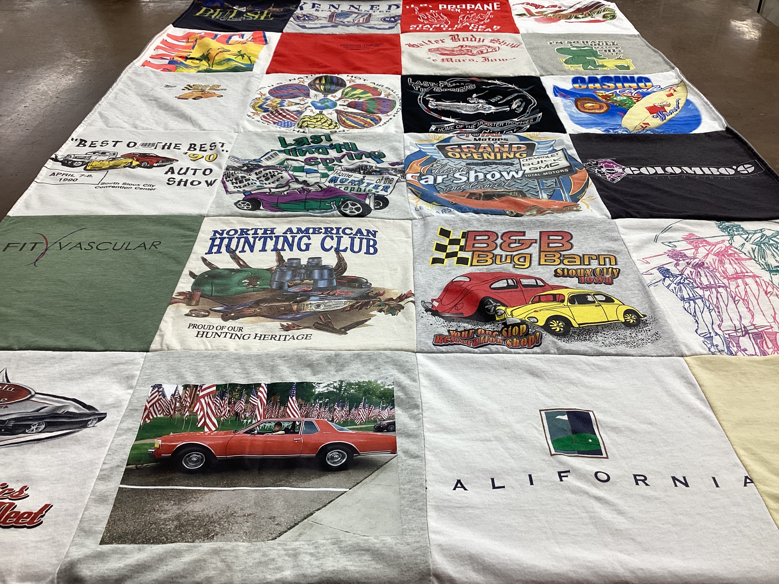 T-shirt quilt with hunting, cars themes by Christy from IA