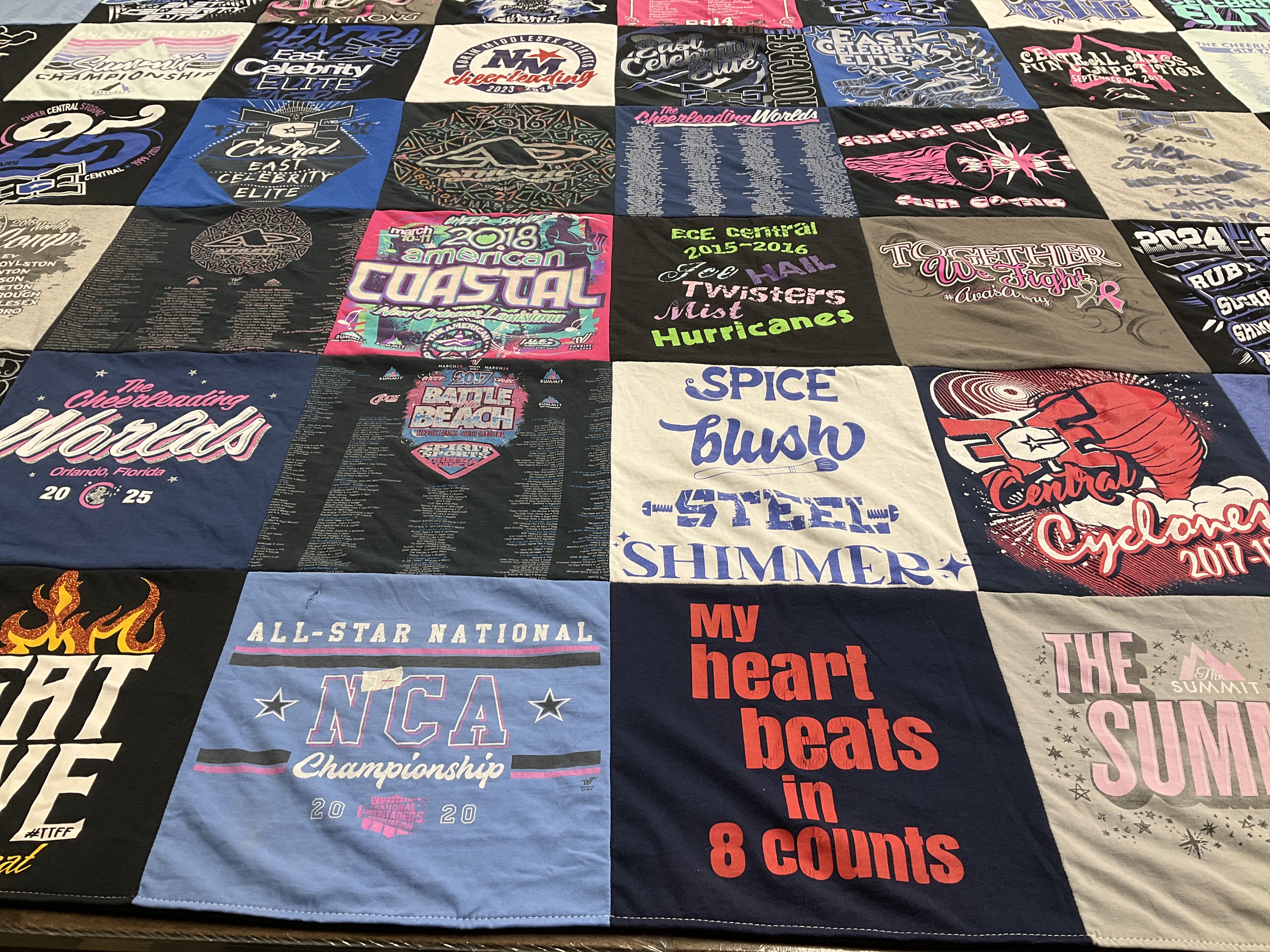 T-shirt quilt with cheerleading, competitions themes by Kristina from MA