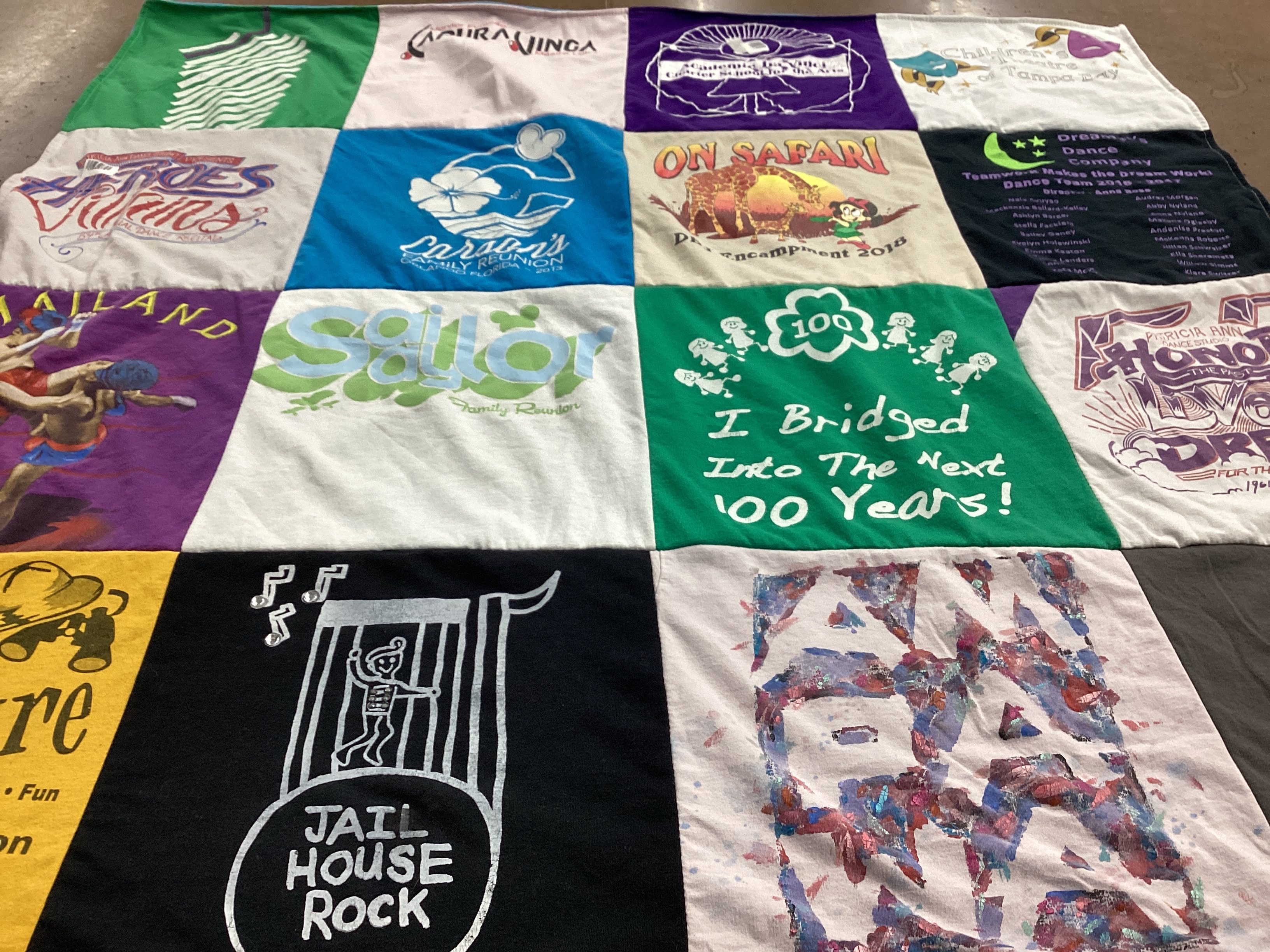T-shirt quilt with dance, family reunions themes by Esther from GA