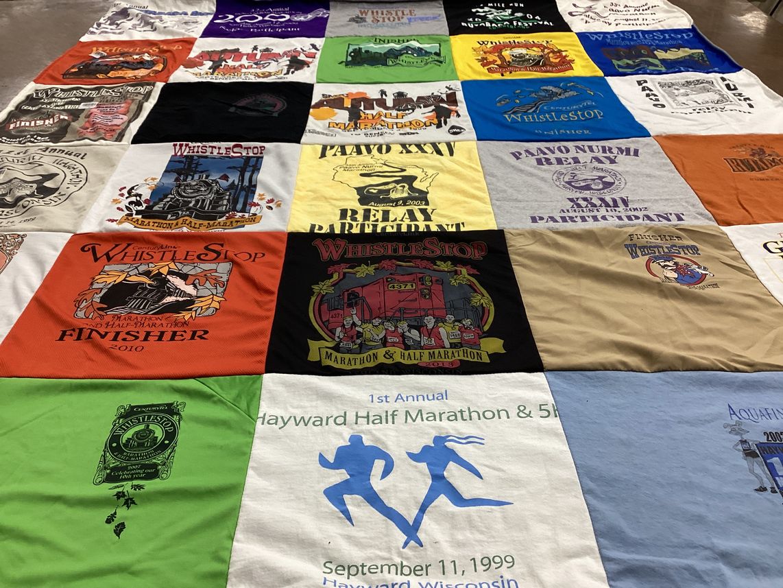 T-shirt quilt with running, marathons themes by Lauri from WI