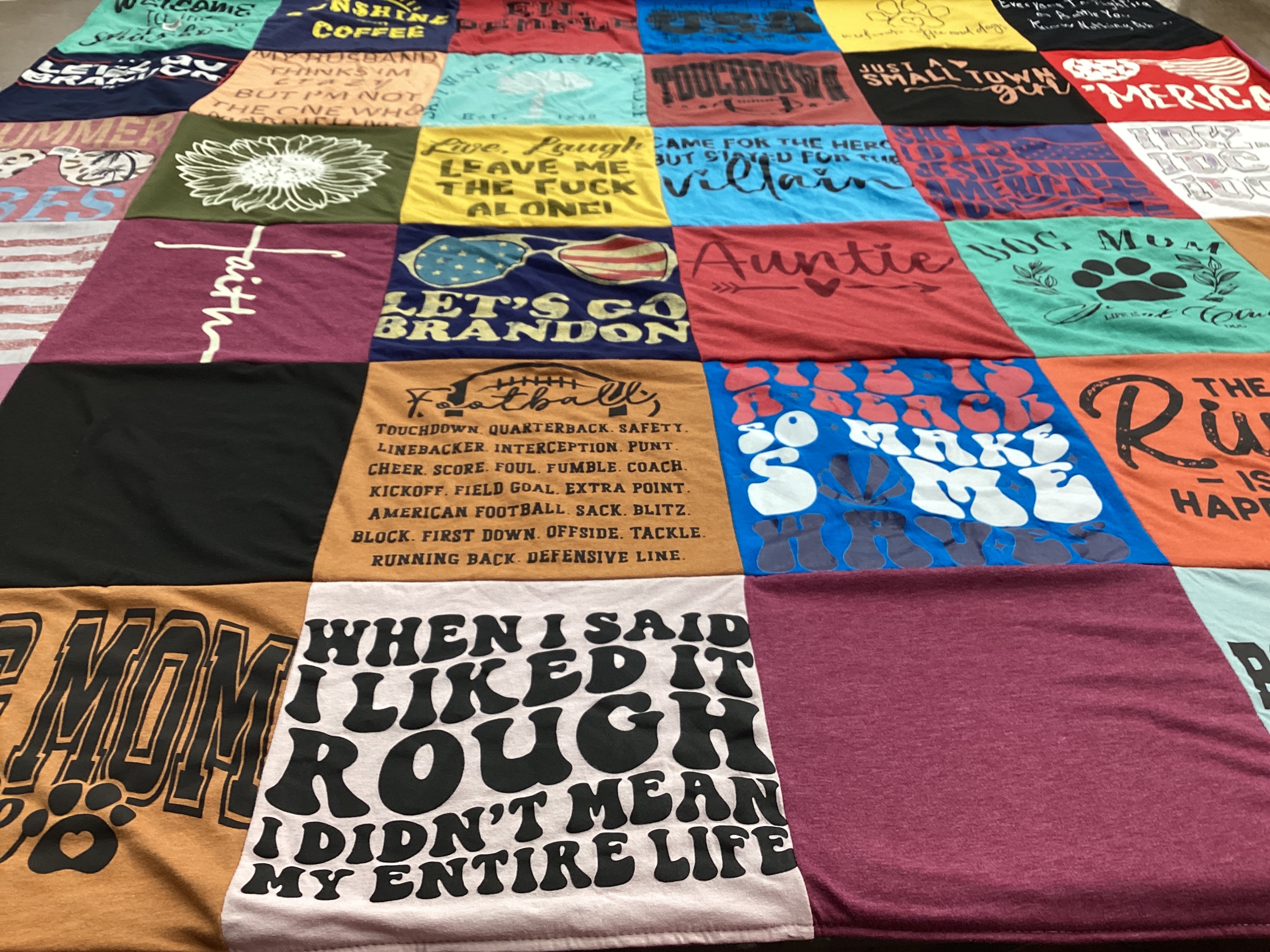 T-shirt quilt with football, humor themes by Malissa from WA
