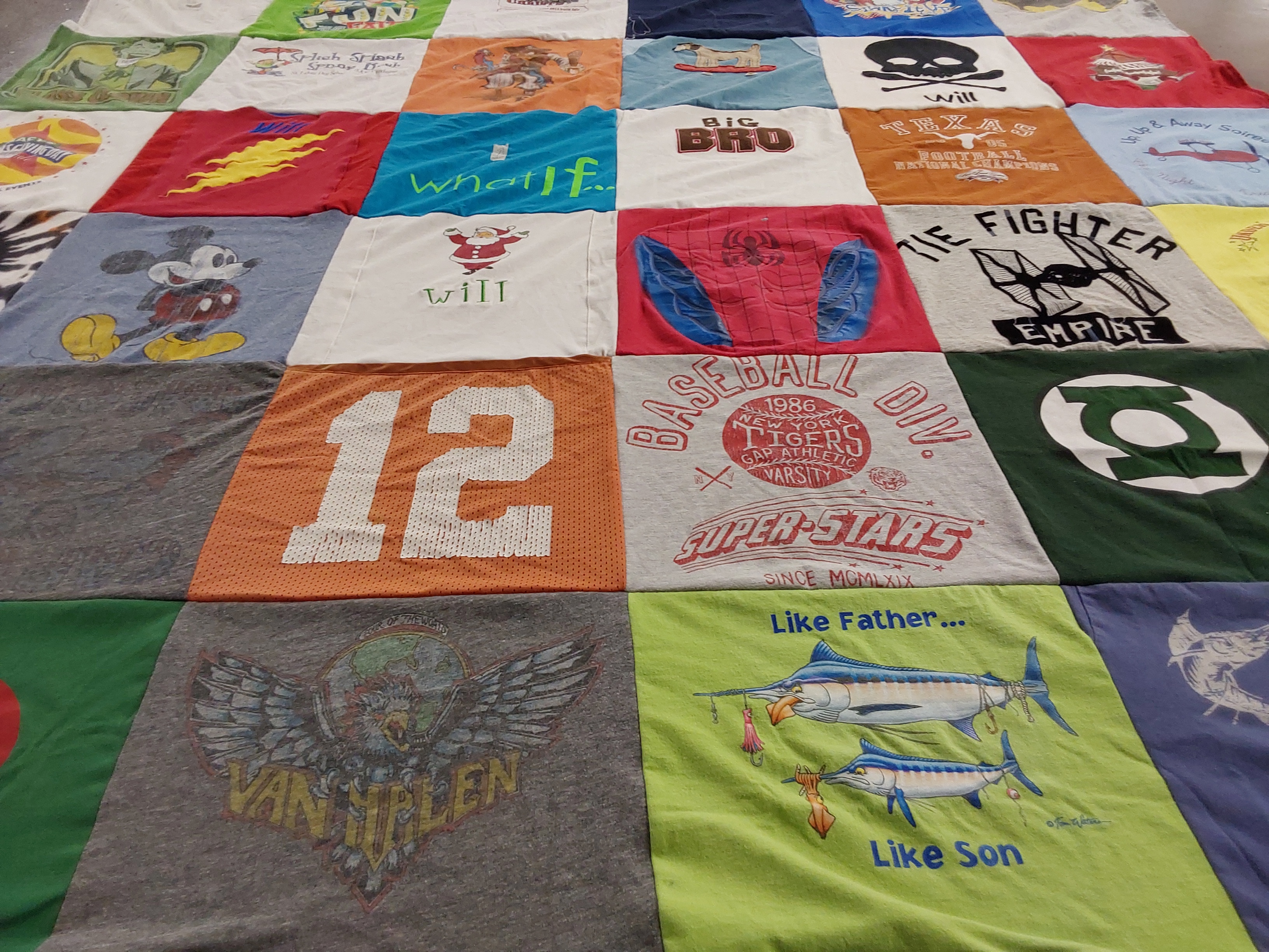 T-shirt quilt with sports, movies themes by Jill from TX