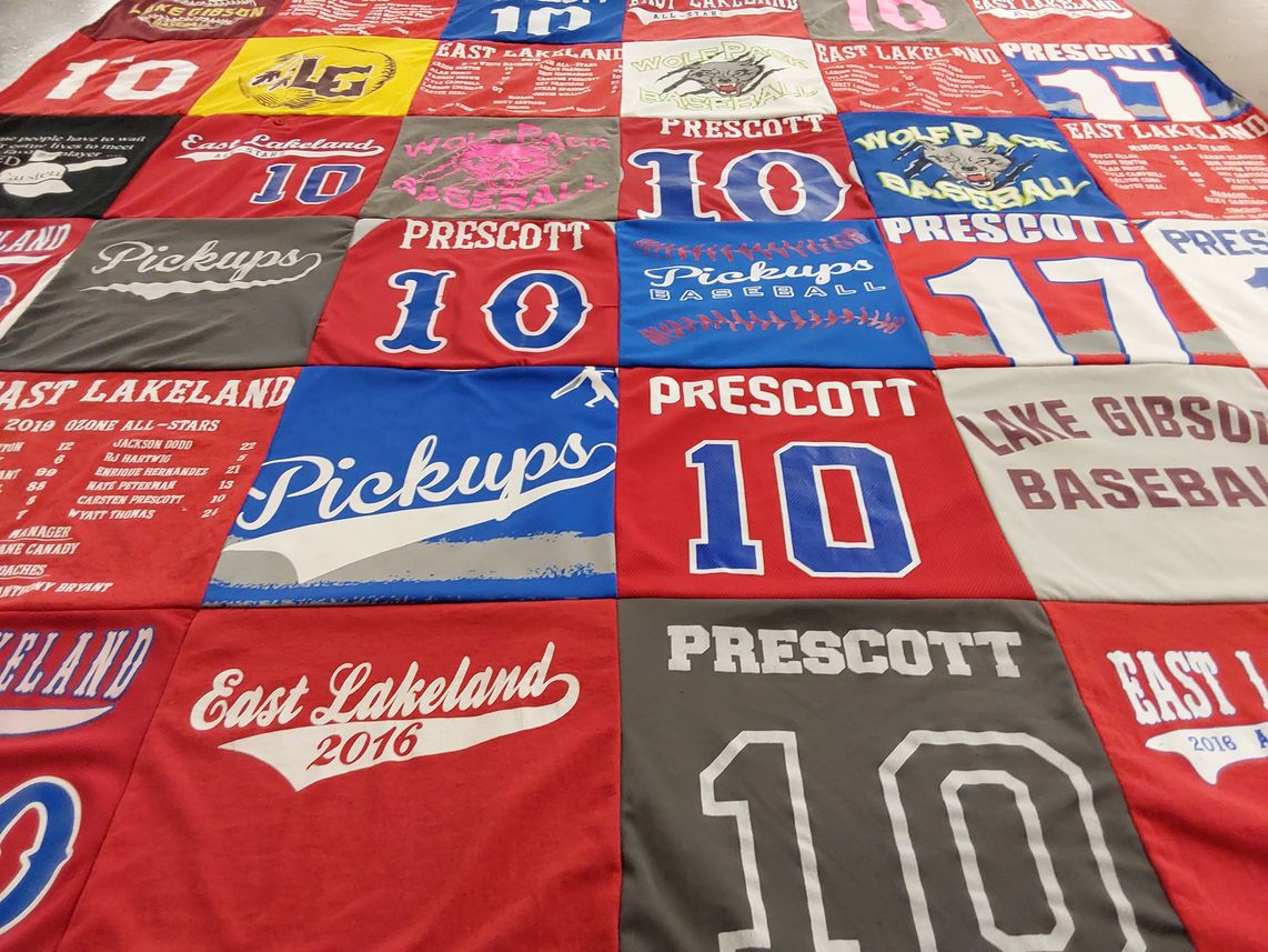 T-shirt quilt with baseball, youth sports themes by Alicia from FL