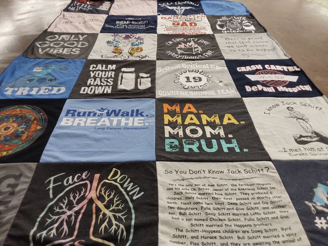 T-shirt quilt featuring smi-health softball team by Nicole from MO