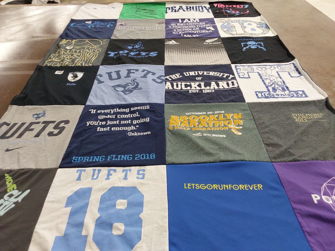 T-shirt quilt from tufts university, university of auckland by Jeannette from MA