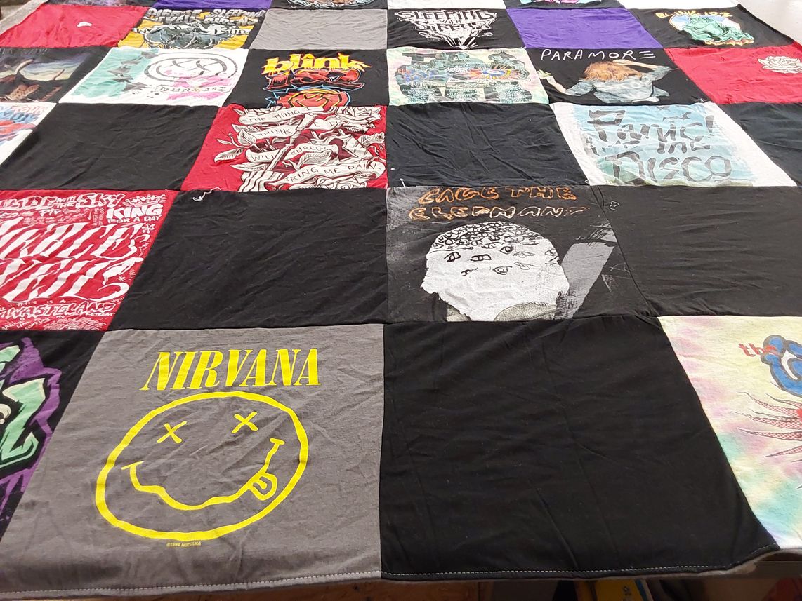 T-shirt quilt with music, rock themes by Theresa from NY
