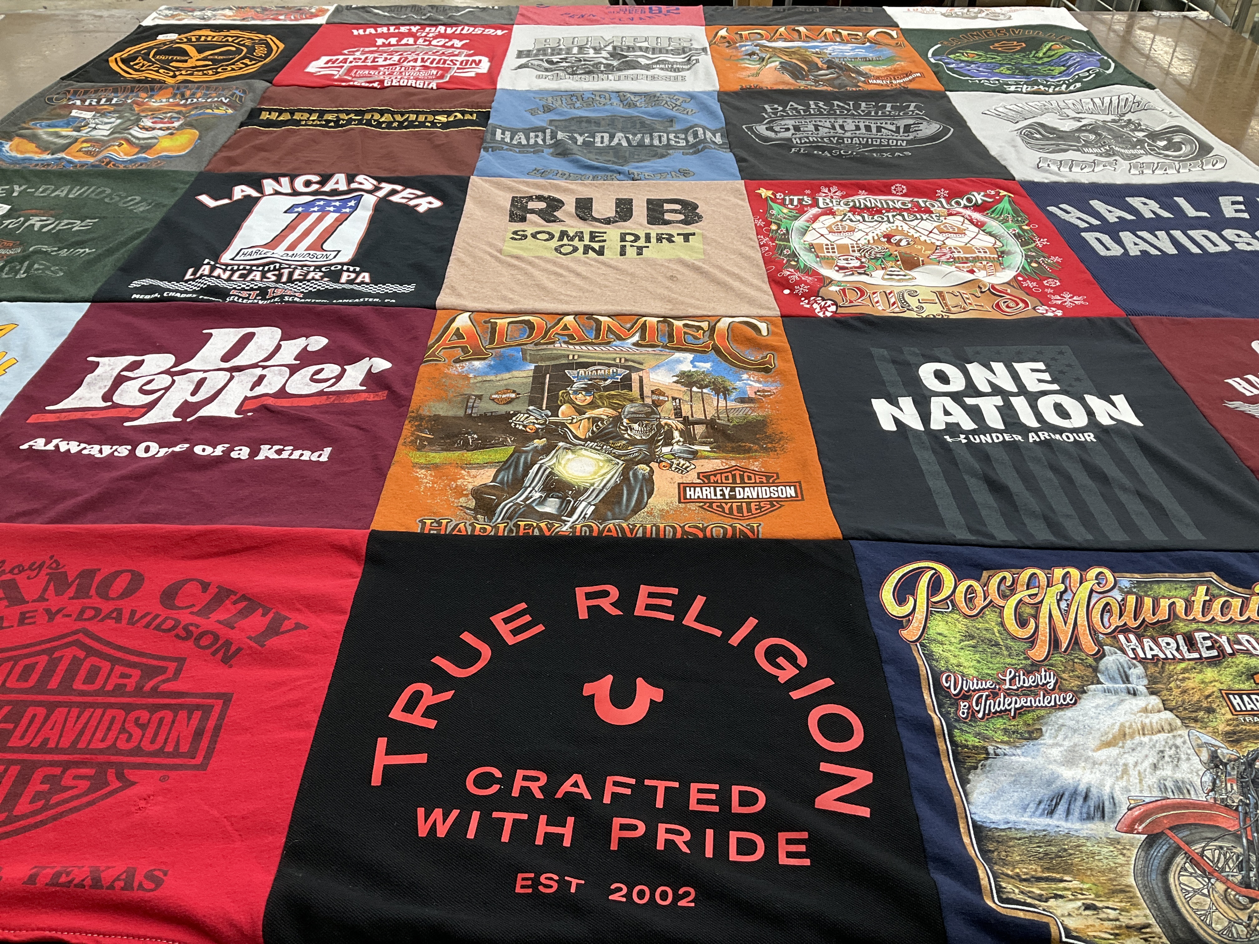 T-shirt quilt with motorcycles, soft drinks themes by Mayra from TX
