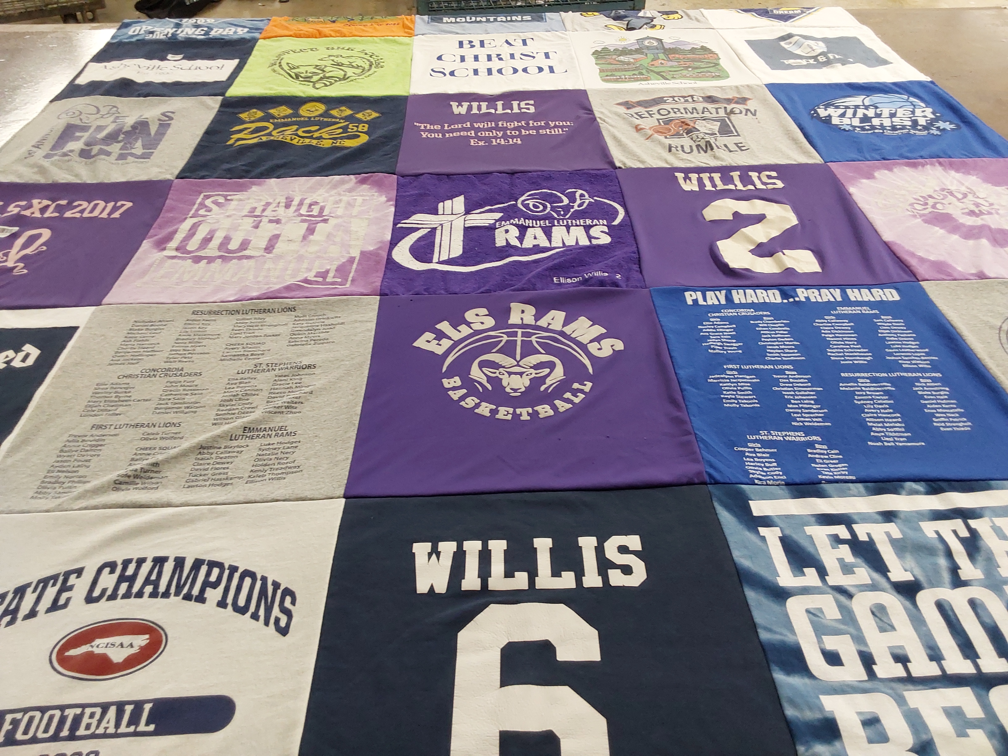 T-shirt quilt featuring emmanuel lutheran rams, resurrection lutheran lions by Raymelle from NC