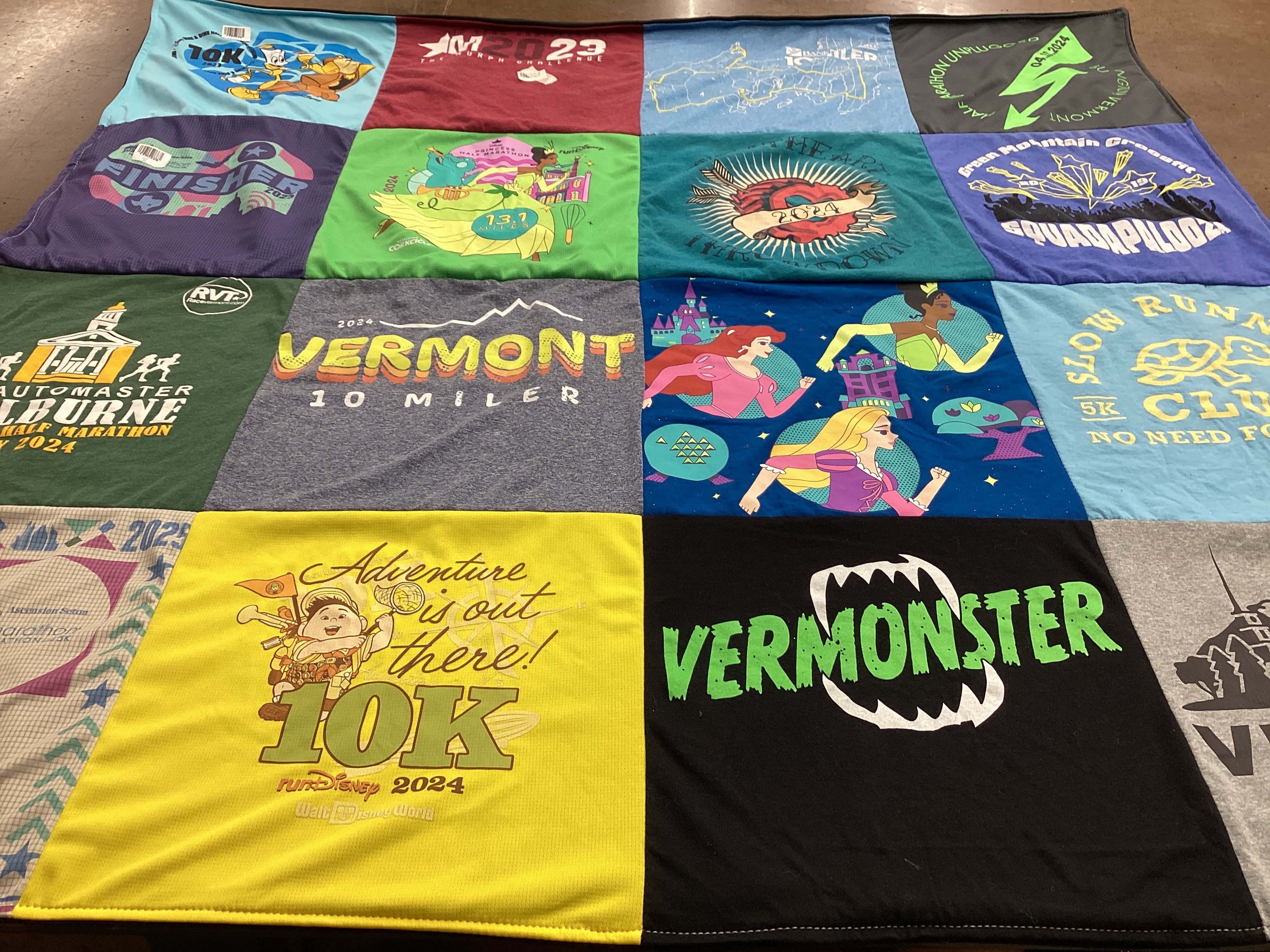 T-shirt quilt with running, adventure themes by Chelsea from VT