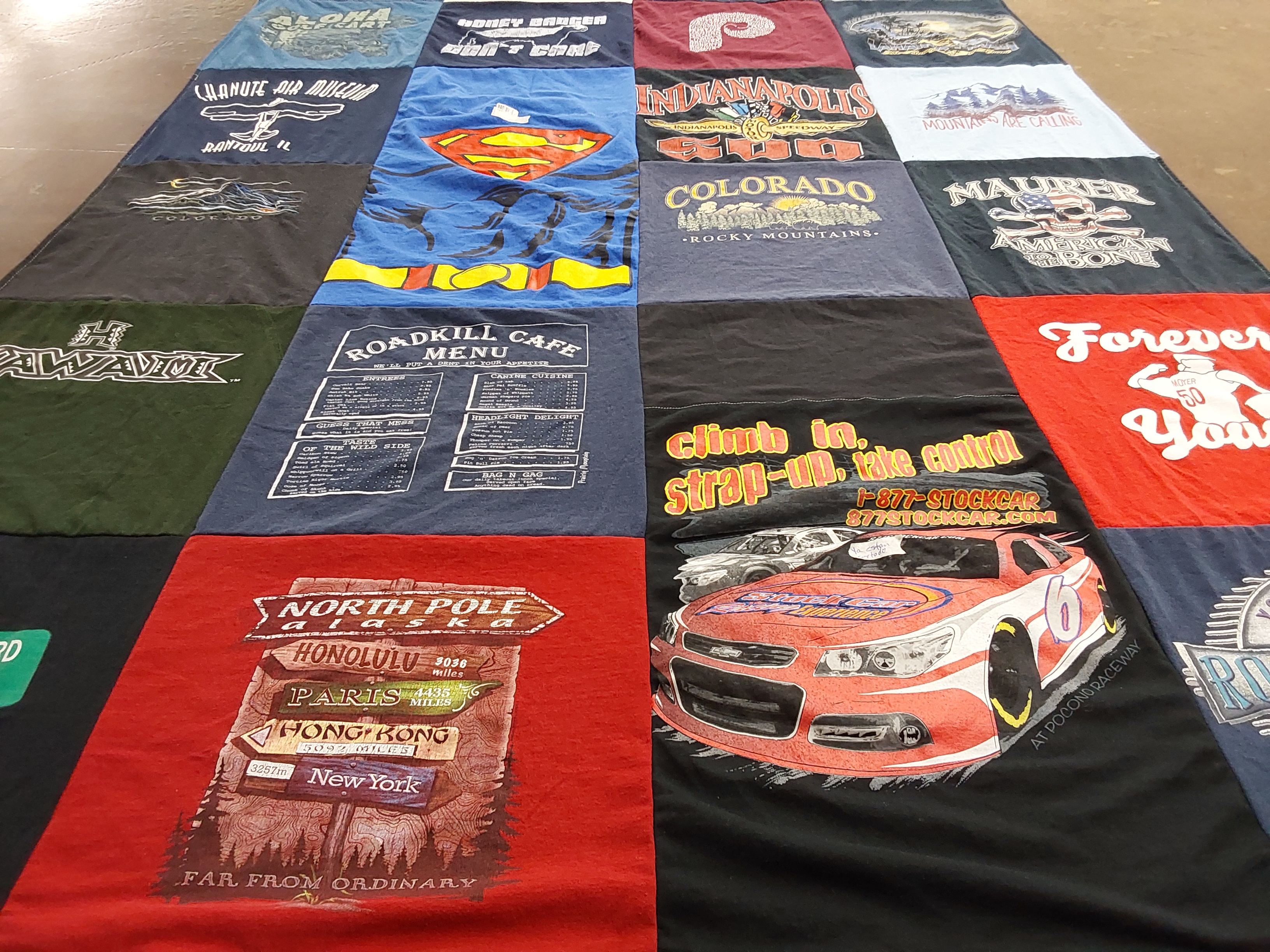T-shirt quilt with travel, food themes by Theresa from NJ