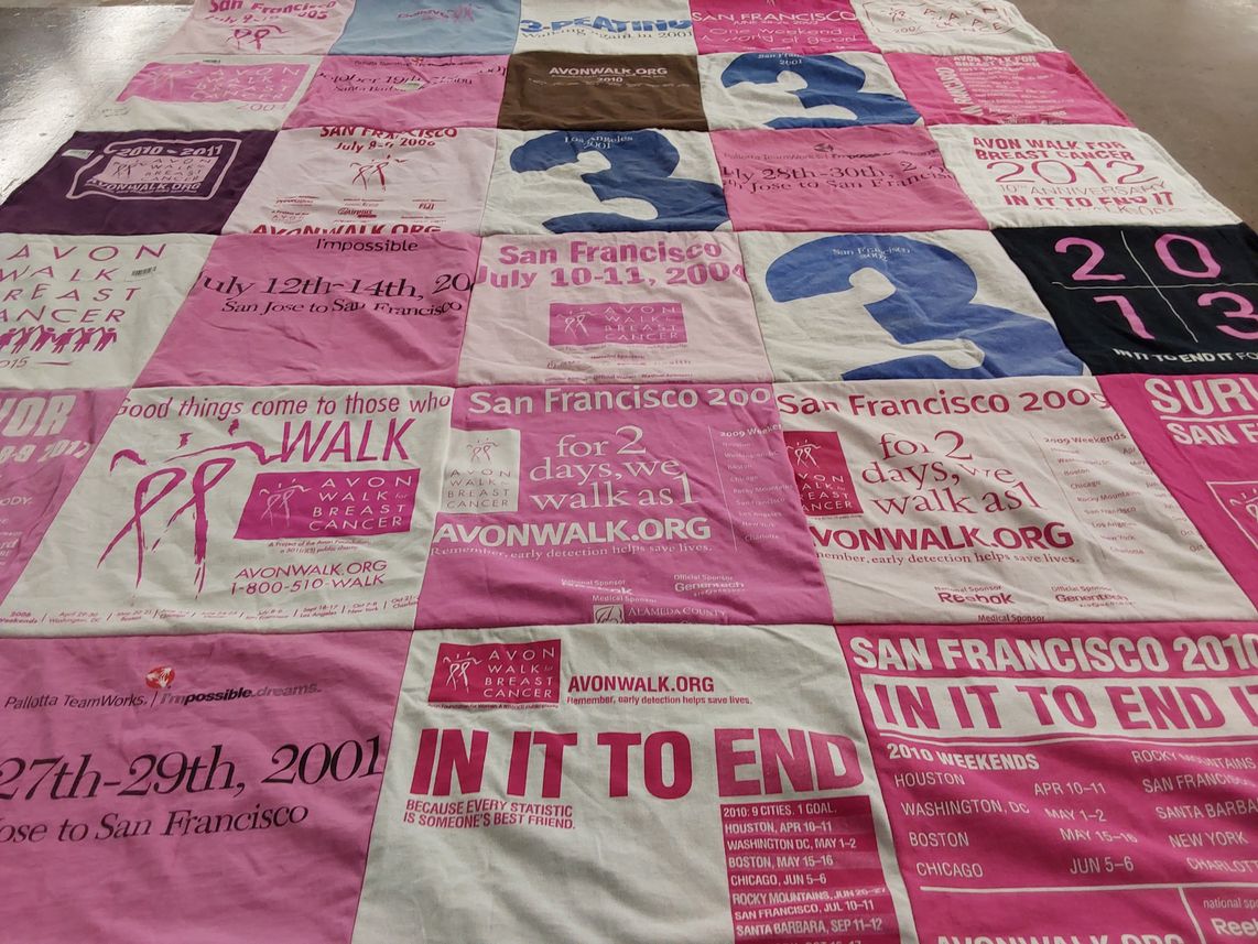 T-shirt quilt with breast cancer awareness, charity walk themes by Natalie from CA