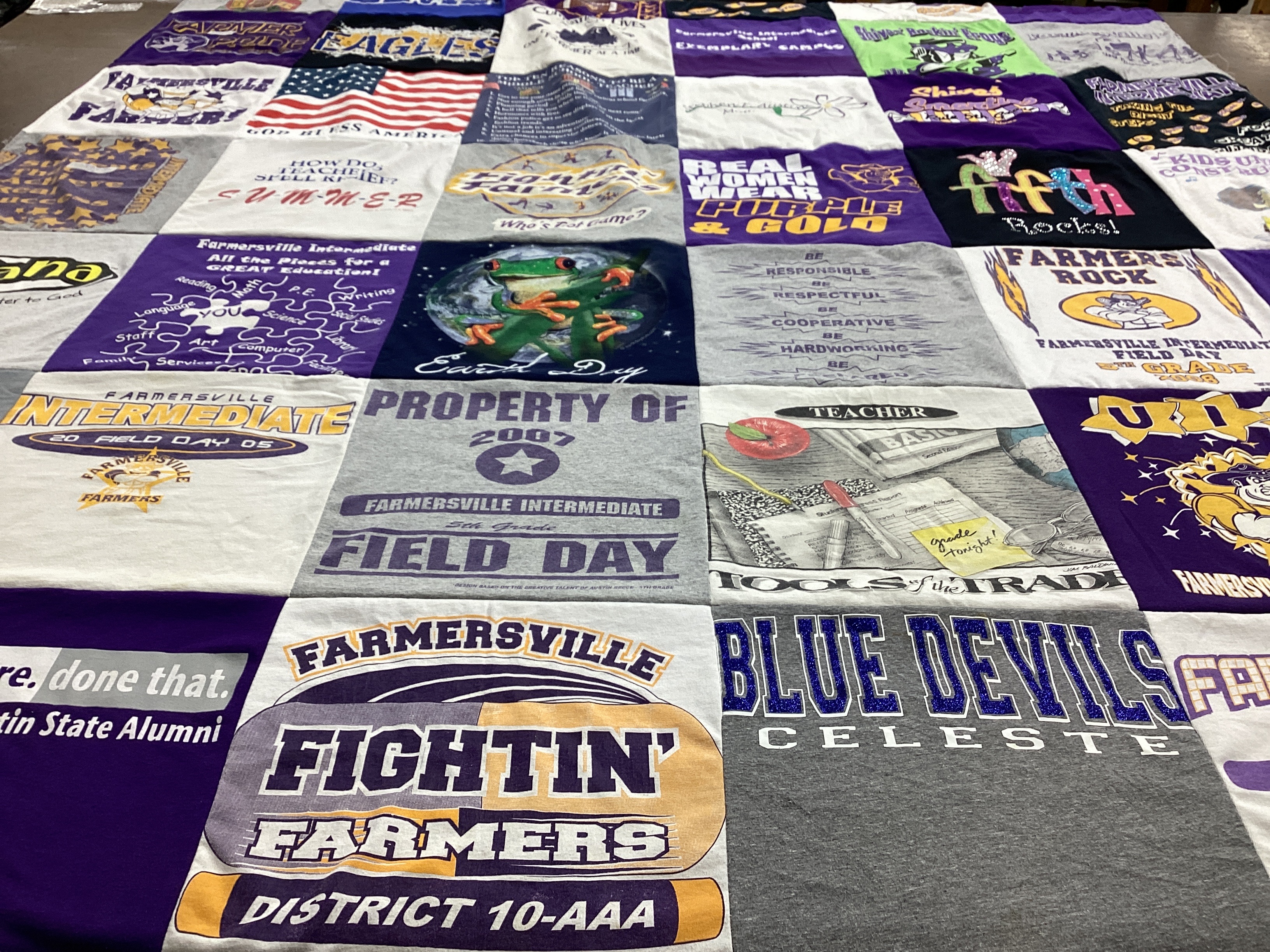 T-shirt quilt featuring celeste blue devils by Becky from TX