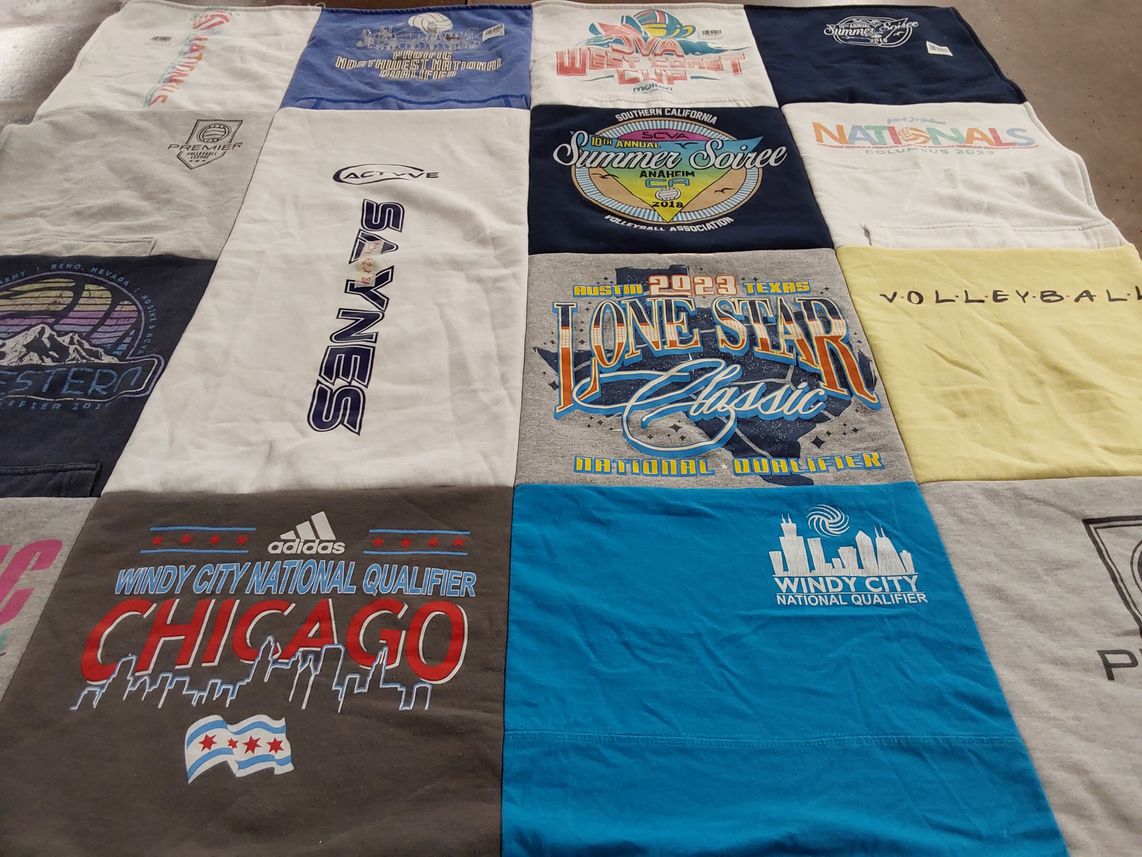 T-shirt quilt with volleyball, sports themes by Wednesday from CA