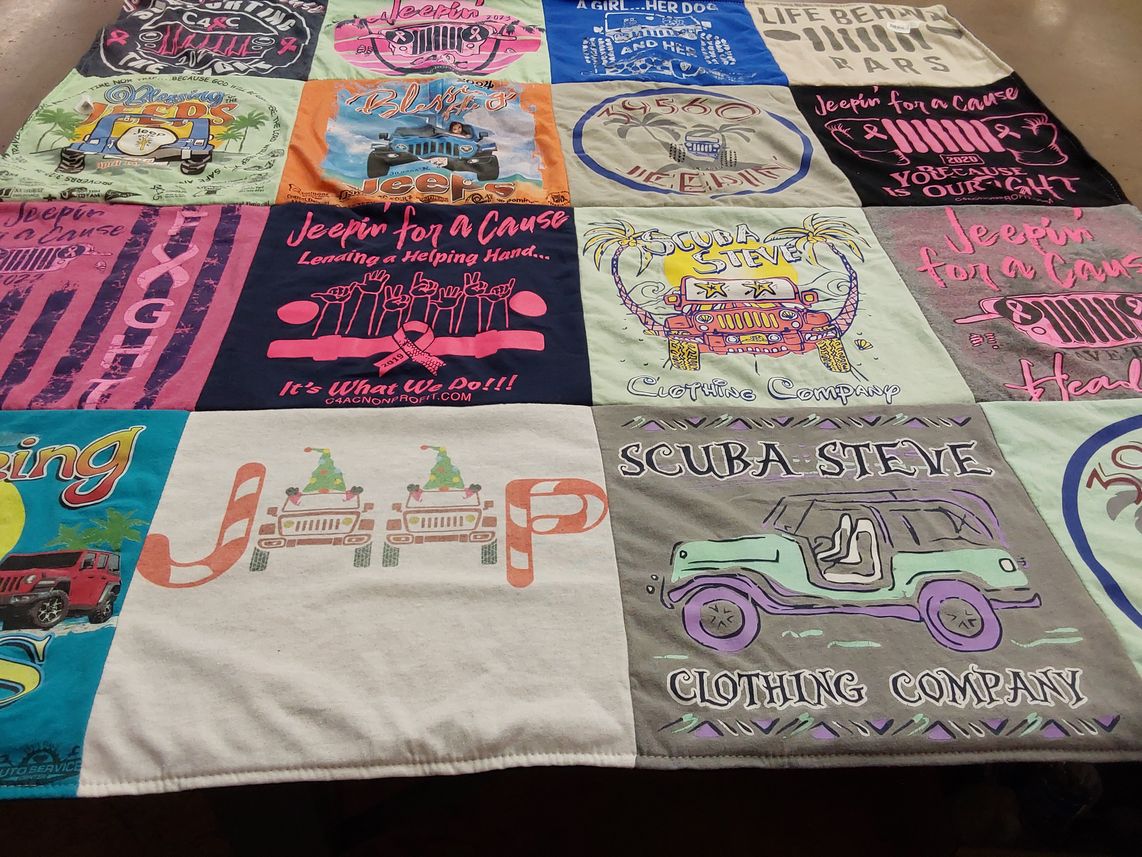T-shirt quilt with jeeping, outdoor activities themes by Candi from MS