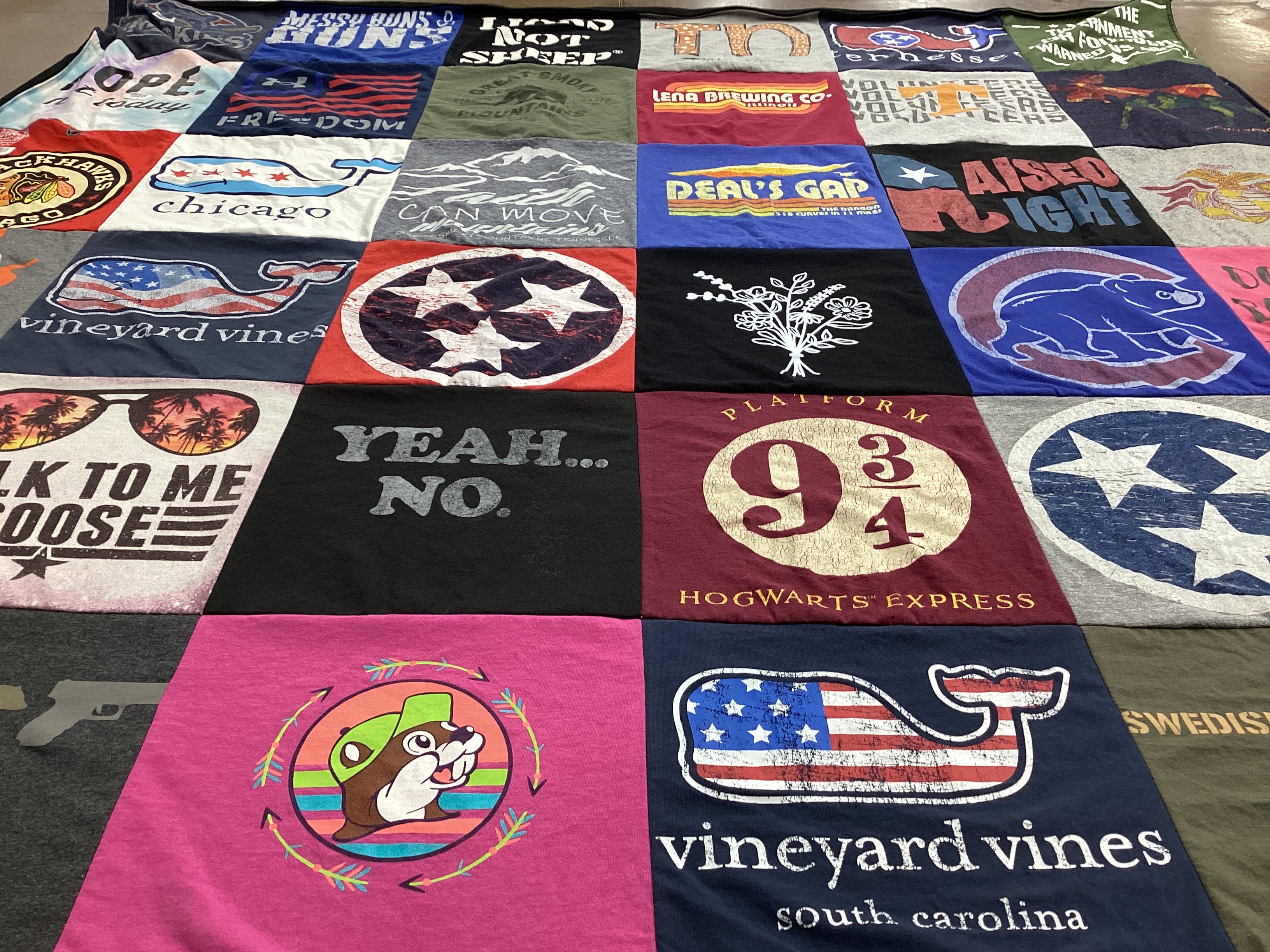 T-shirt quilt with travel, movies themes by Whitney from TN
