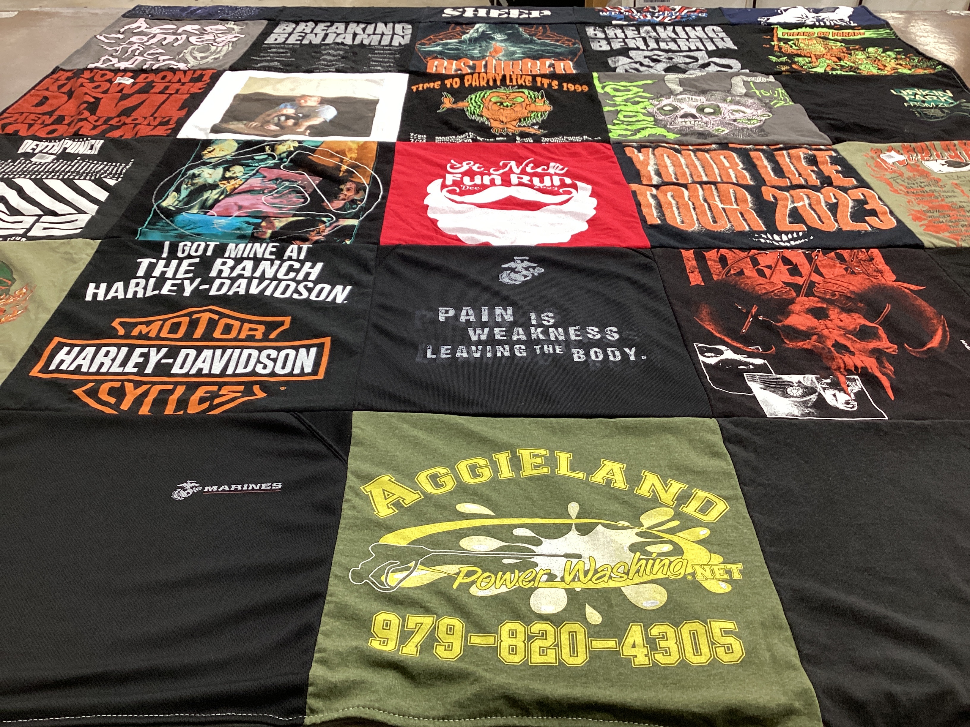 T-shirt quilt with motorcycles, music themes by Robert from TX