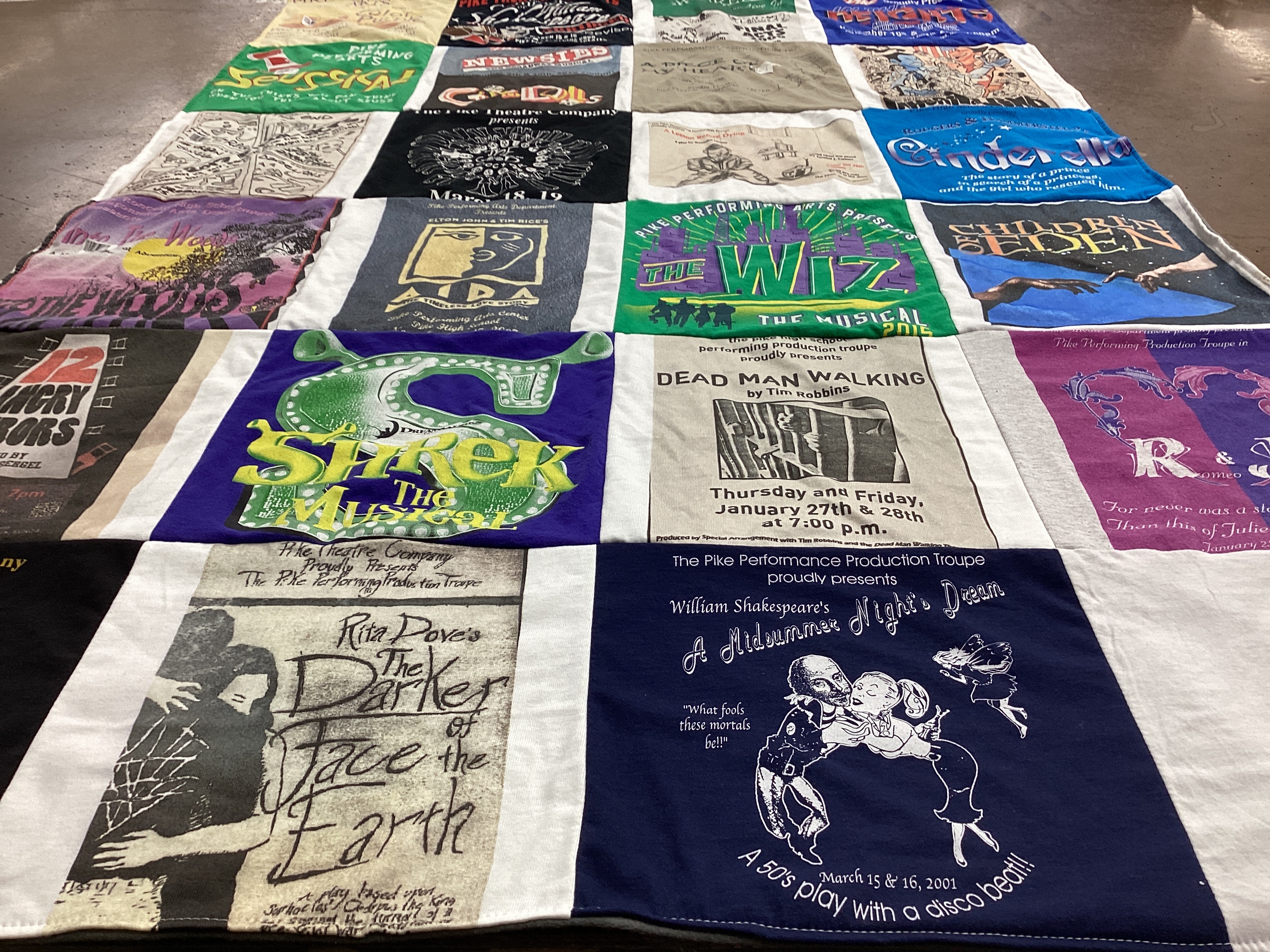T-shirt quilt with theater, musicals themes by Karin from IN