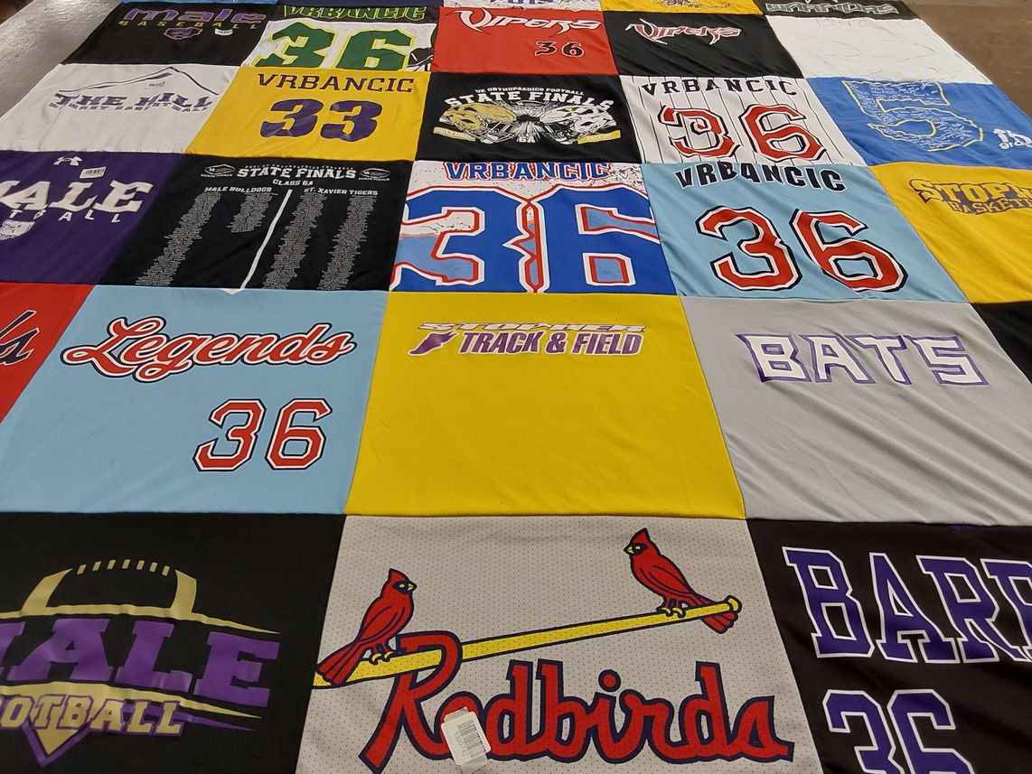 T-shirt quilt featuring male high school football, male high school basketball by Brandy from KY