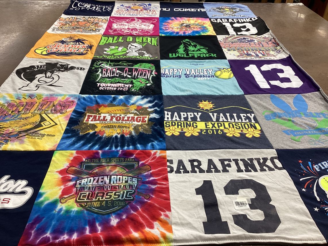 T-shirt quilt with softball, sports themes by Jennifer from PA
